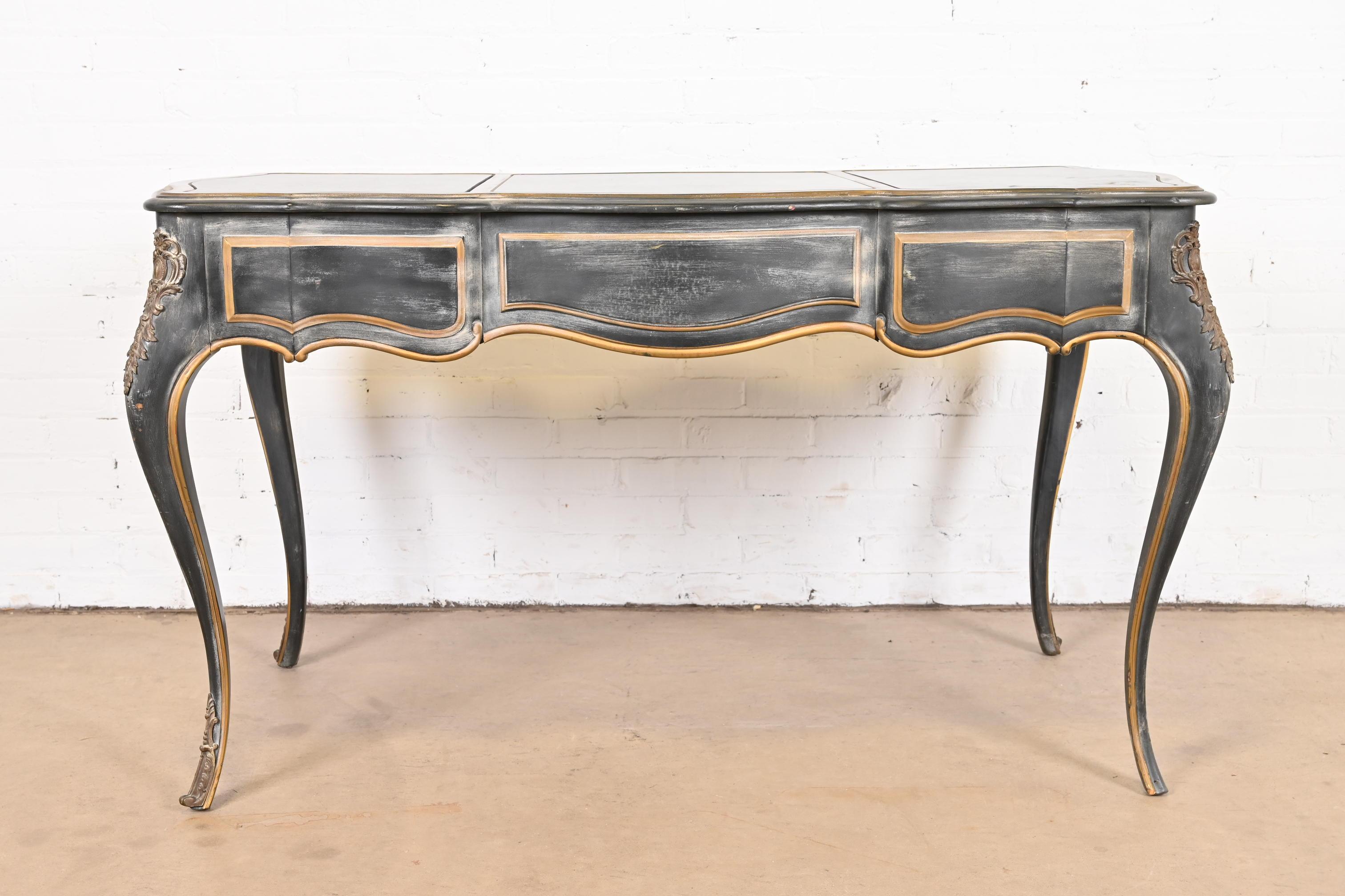 French Louis XV Bureau Plat Desk with Ormolu and Faux Marble Top by Drexel 12