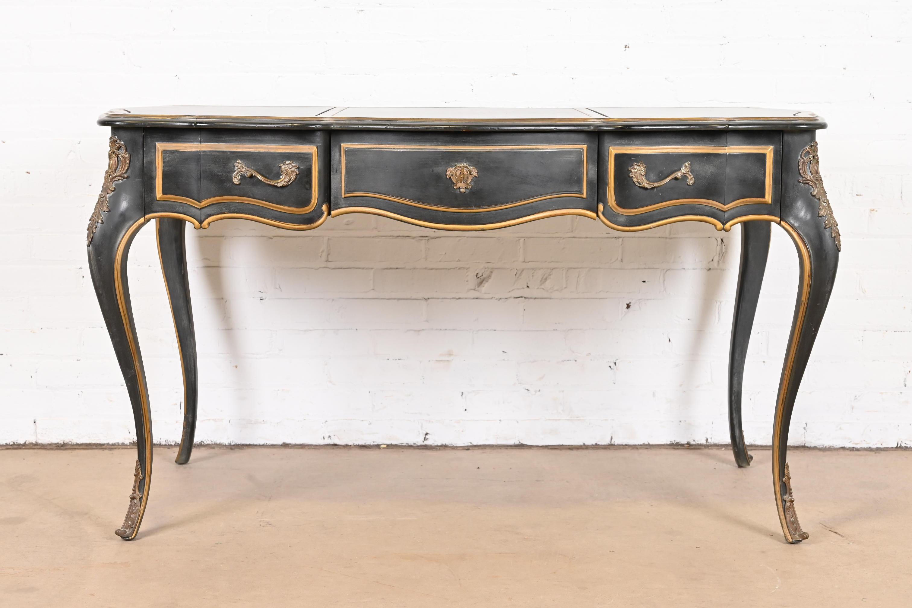American French Louis XV Bureau Plat Desk with Ormolu and Faux Marble Top by Drexel
