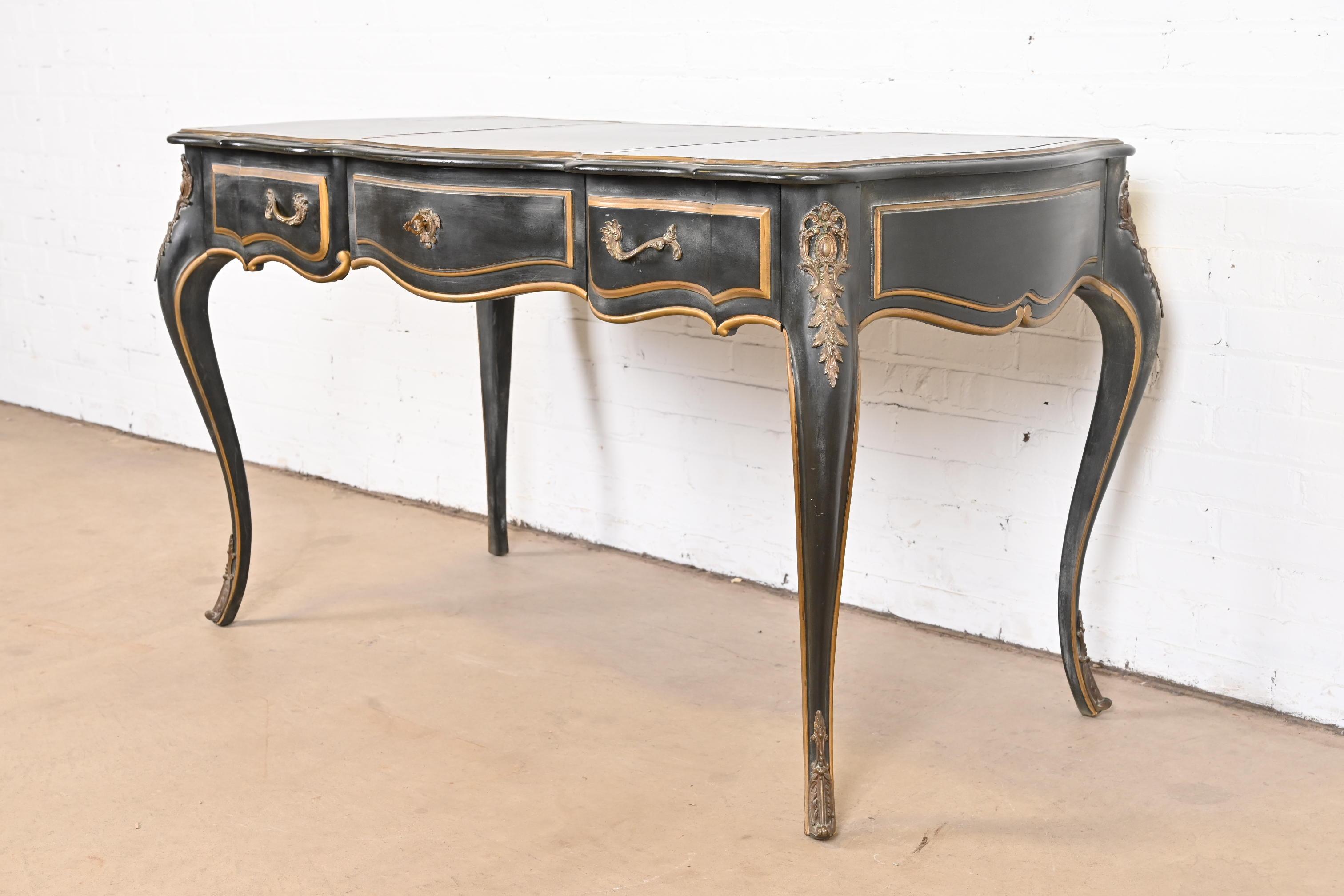 Mid-20th Century French Louis XV Bureau Plat Desk with Ormolu and Faux Marble Top by Drexel
