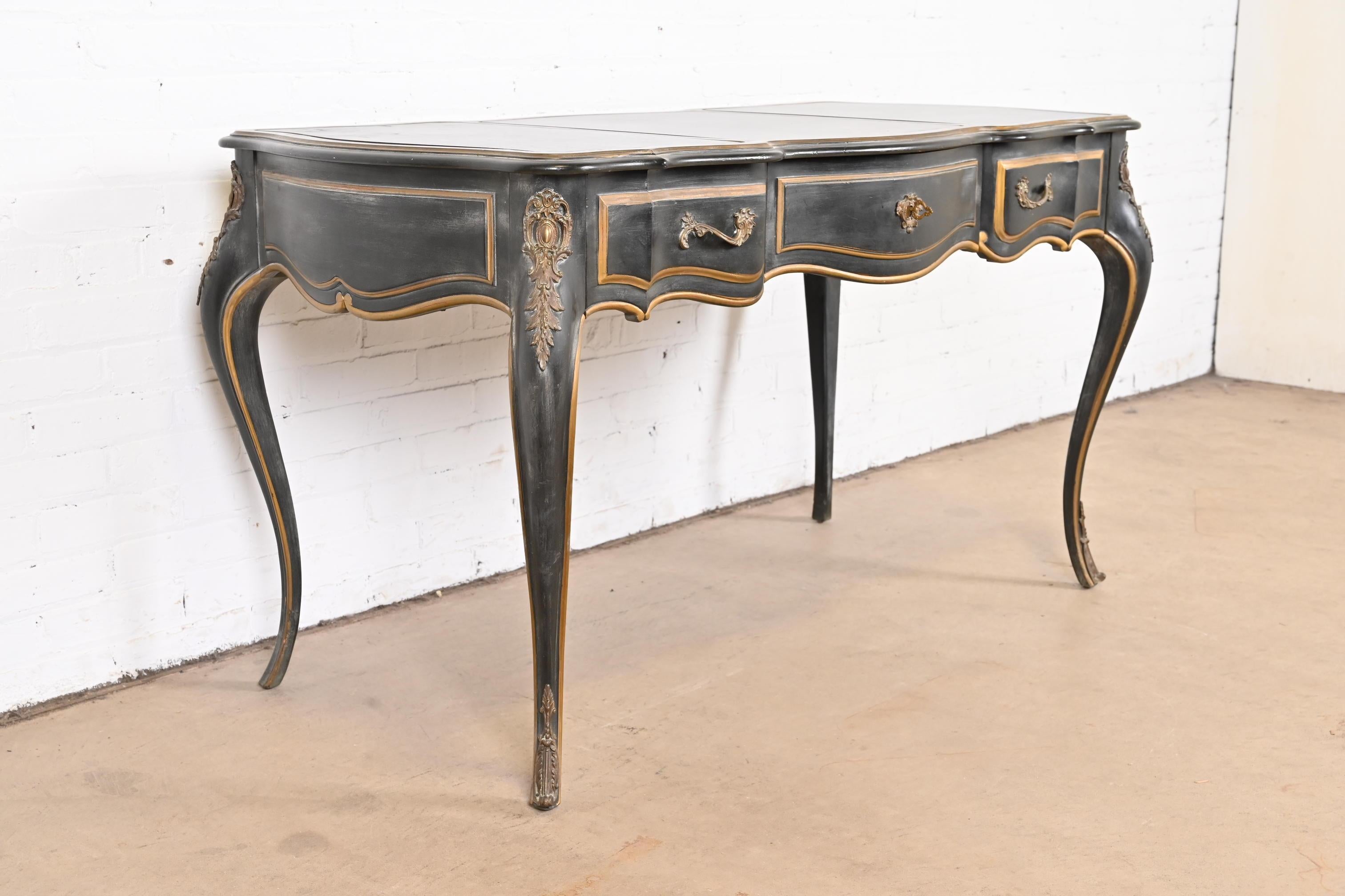 Bronze French Louis XV Bureau Plat Desk with Ormolu and Faux Marble Top by Drexel