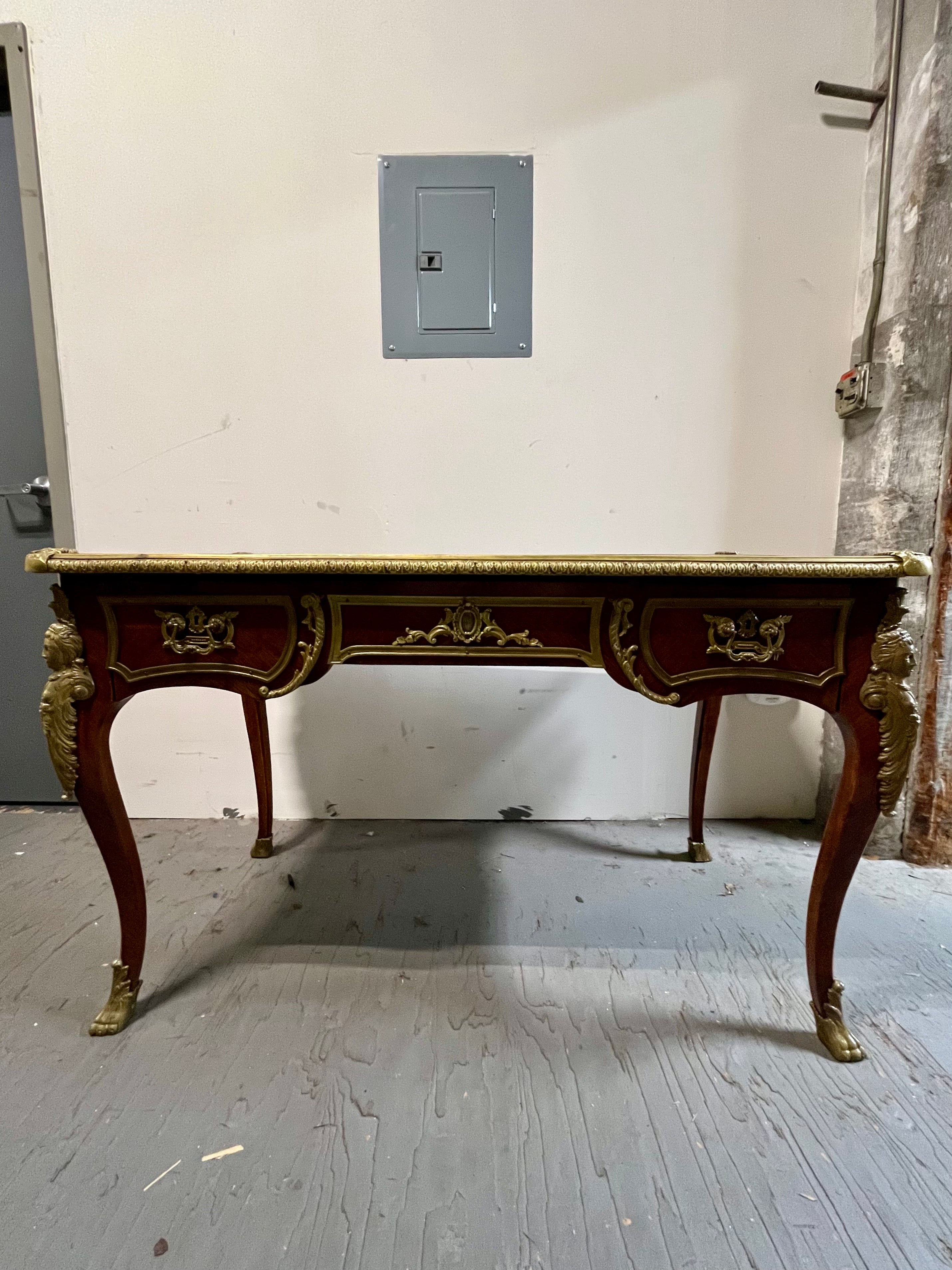 Unknown French Louis XV Bureau Plat Leather Top Desk With Mounted Bronze Ormolu For Sale