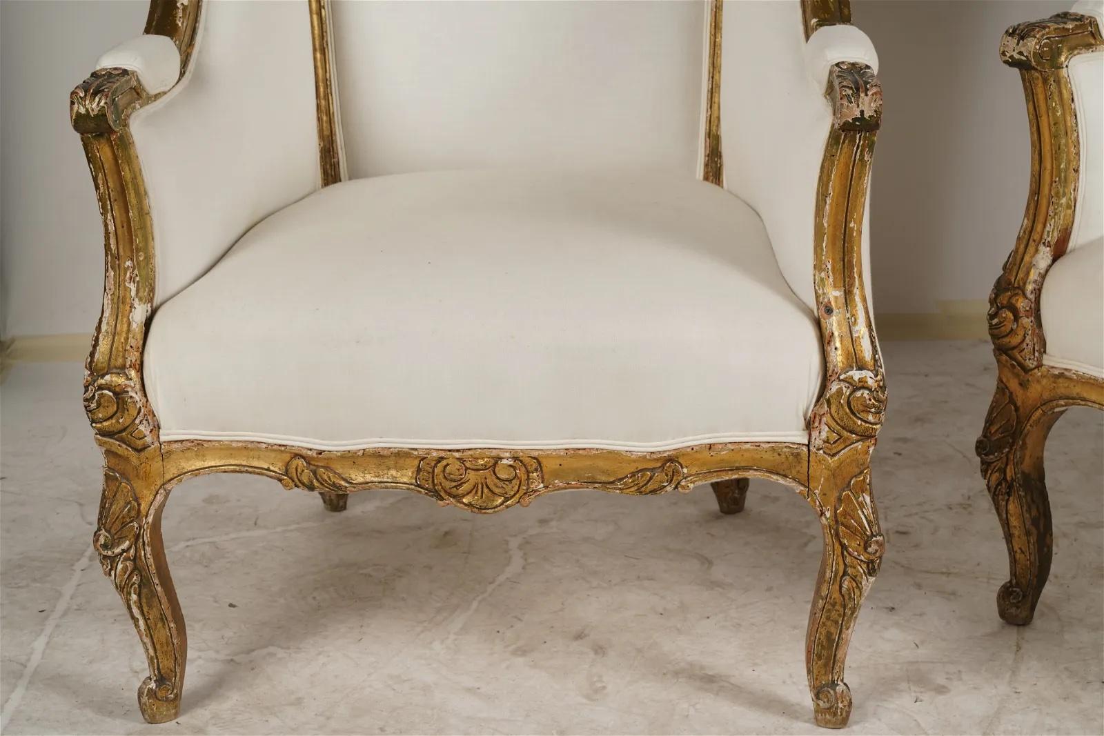 Mid-19th Century French Louis XV Carved Giltwood High Back Bergeres Circa 1850 For Sale