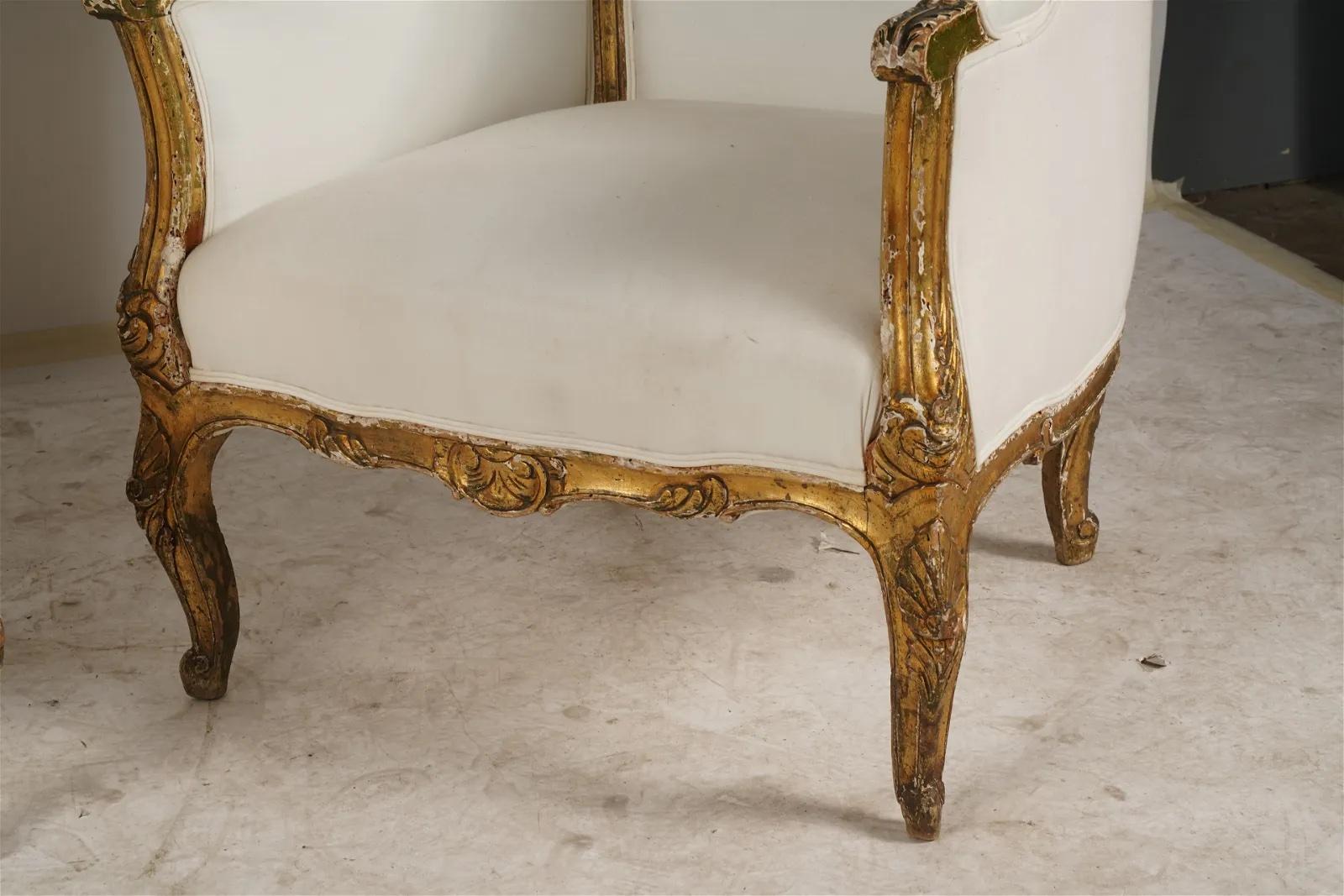 Fabric French Louis XV Carved Giltwood High Back Bergeres Circa 1850 For Sale