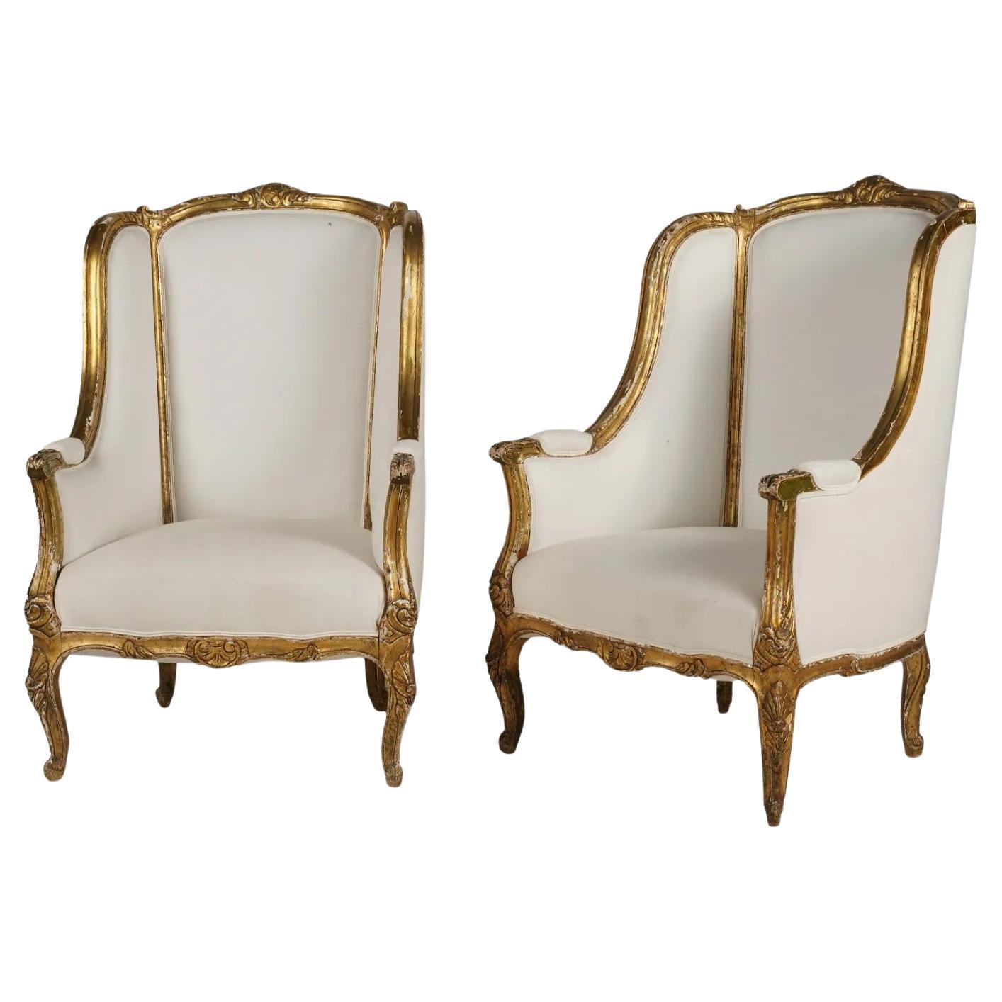 French Louis XV Carved Giltwood High Back Bergeres Circa 1850 For Sale