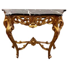 Antique French Louis XV Carved Giltwood Marble Top Console Table Demilune 