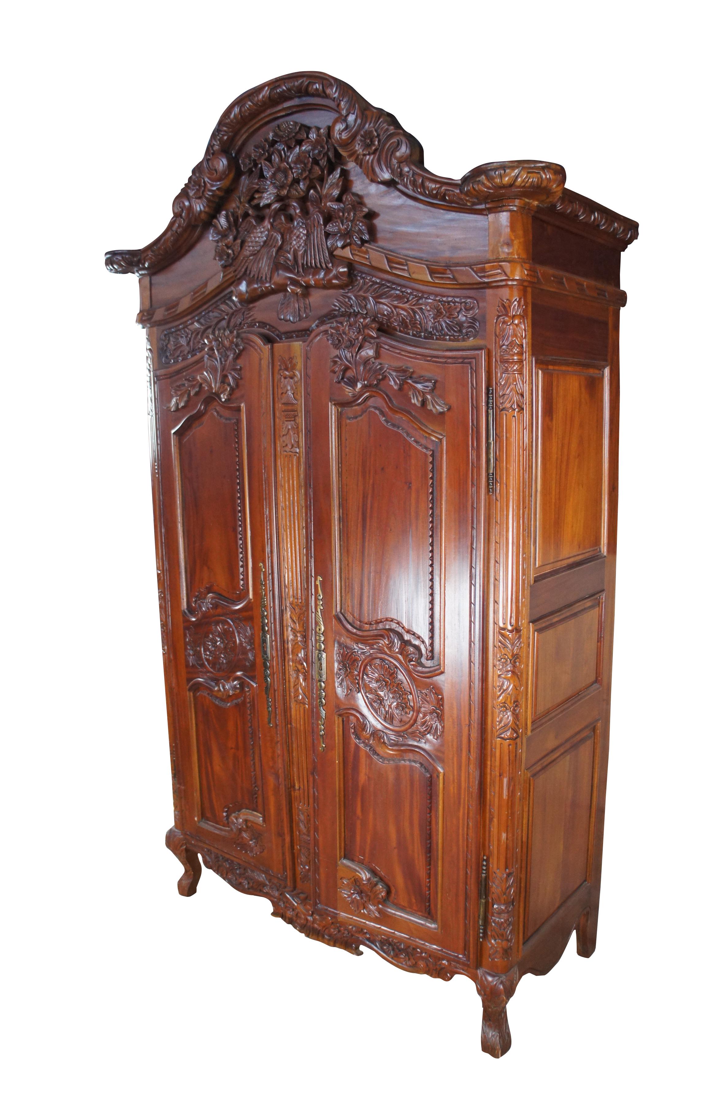 French Louis XV Carved Mahogany Bonnet Top Wedding Armoire Hanging Wardrobe 95