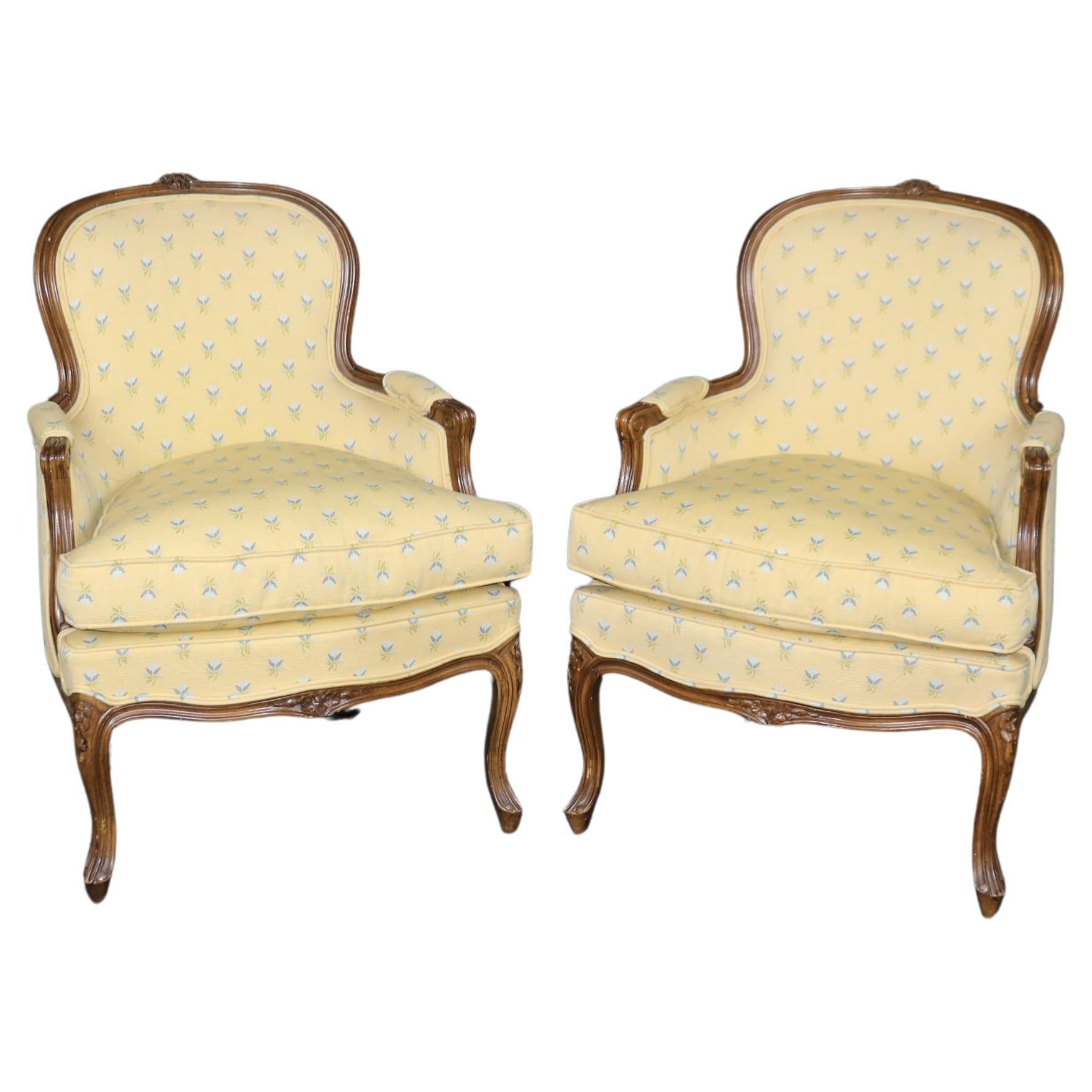 French Louis XV Carved Walnut Bergere in Yellow Upholstery with Flowers