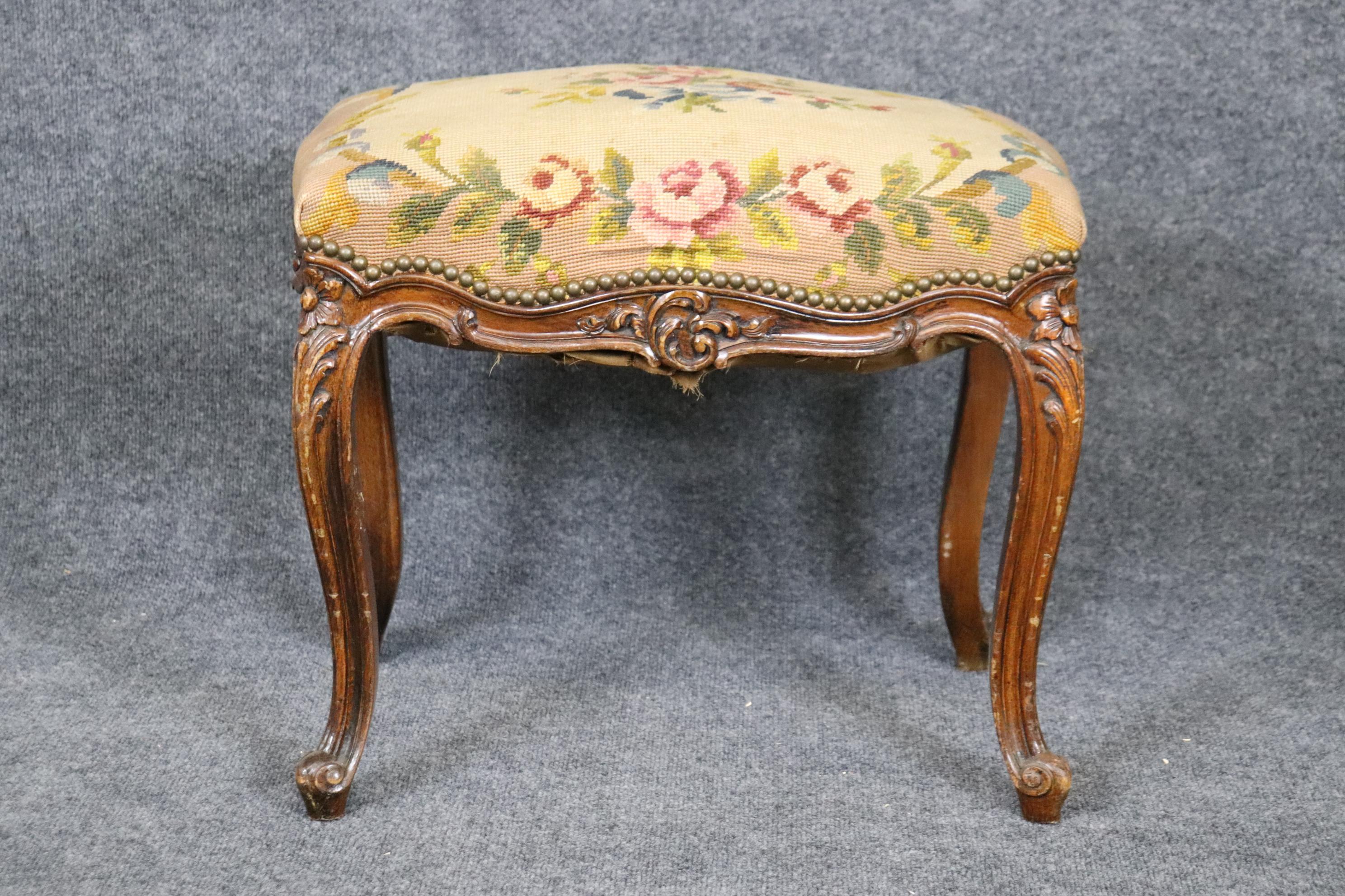 Late 19th Century French Louis XV Carved Walnut Distressed Antique Needlepoint Upholstered Stool  For Sale