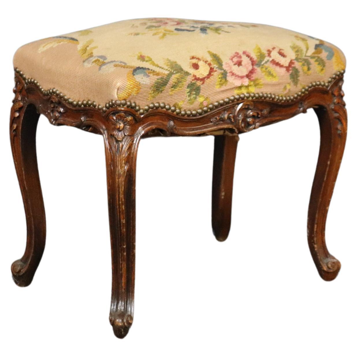 French Louis XV Carved Walnut Distressed Antique Needlepoint Upholstered Stool 