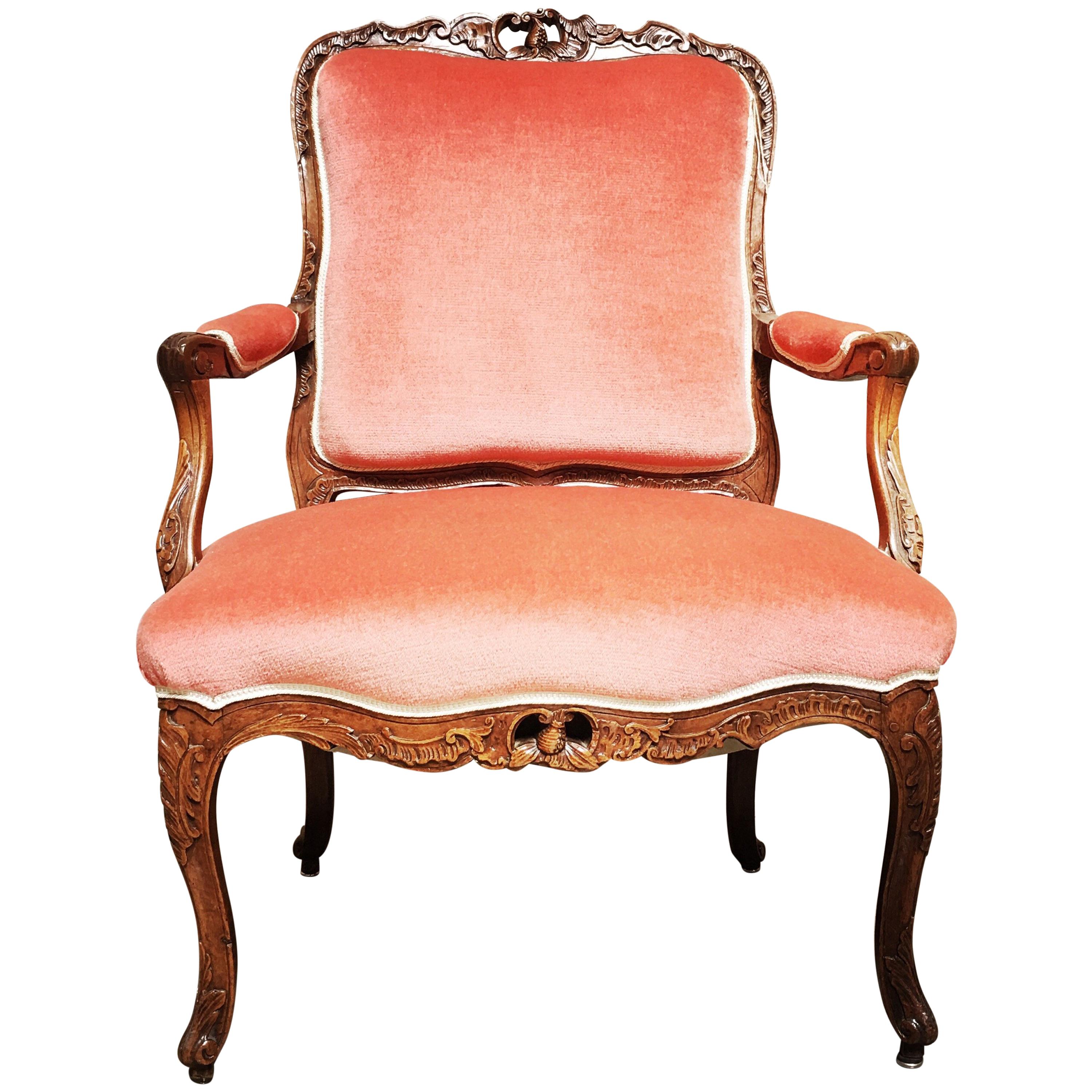 French Louis XV Carved Walnut Fauteuil, Mid-18th Century