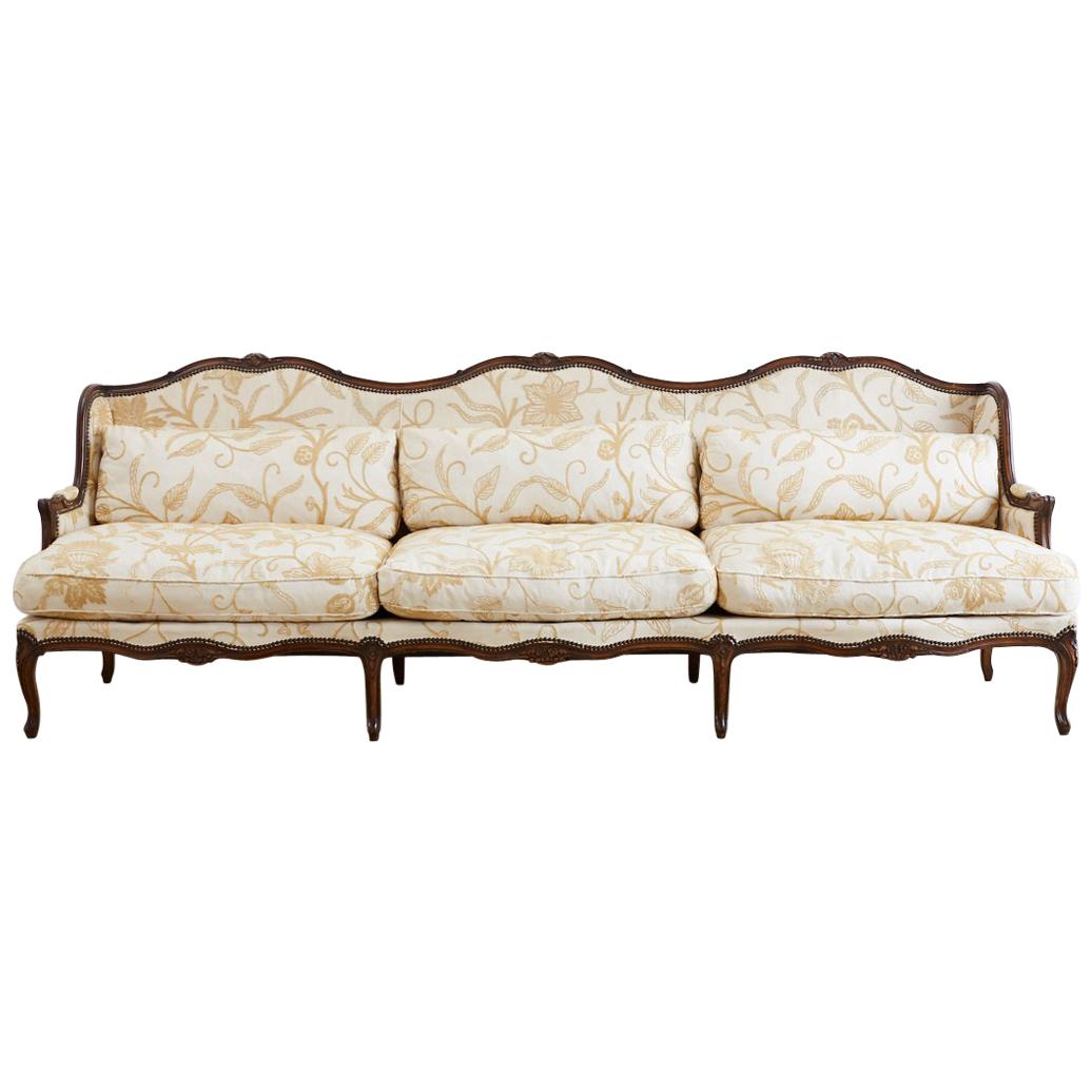 French Louis XV Carved Wingback Crewel Sofa