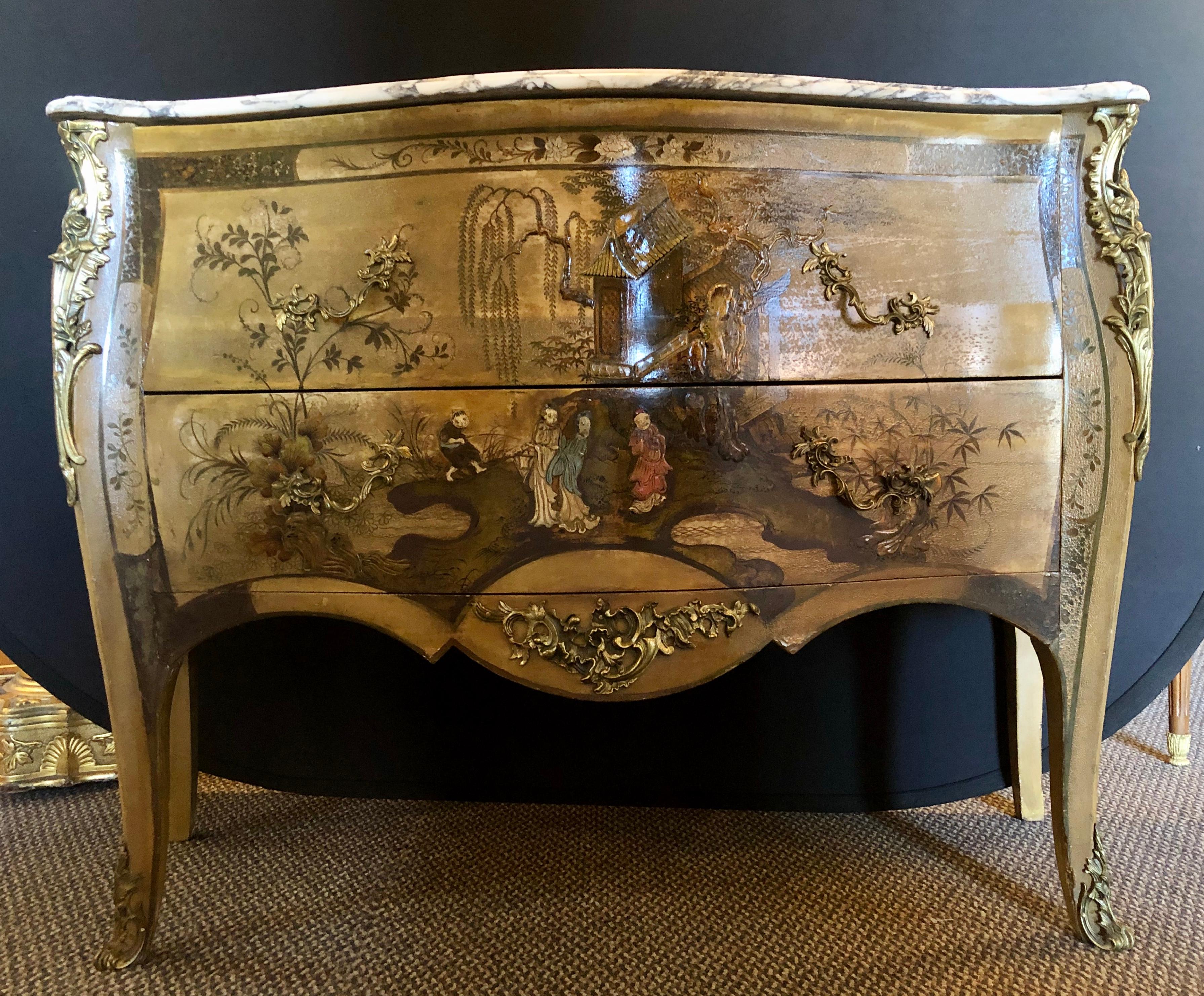 French Louis XV Chinoiserie Commode with a Bombe Shape and Marble Top  In Good Condition In Stamford, CT