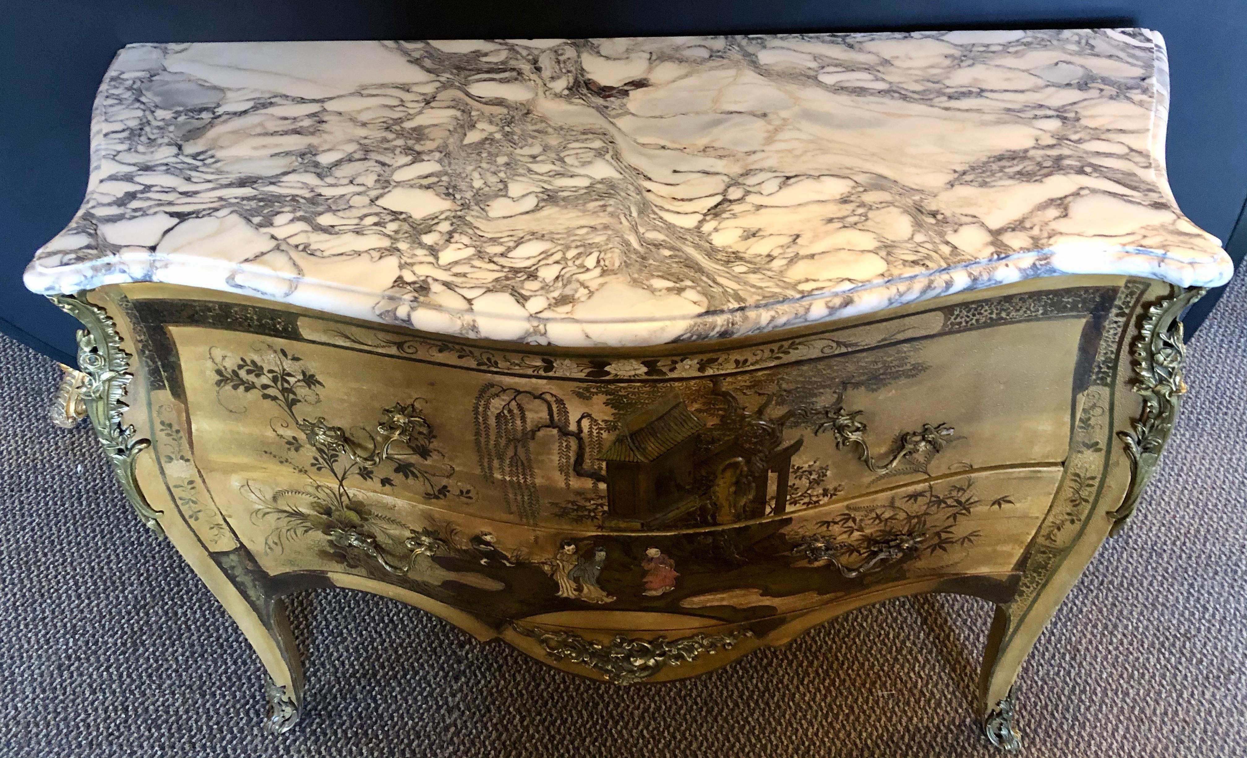 Mid-20th Century French Louis XV Chinoiserie Commode with a Bombe Shape and Marble Top 