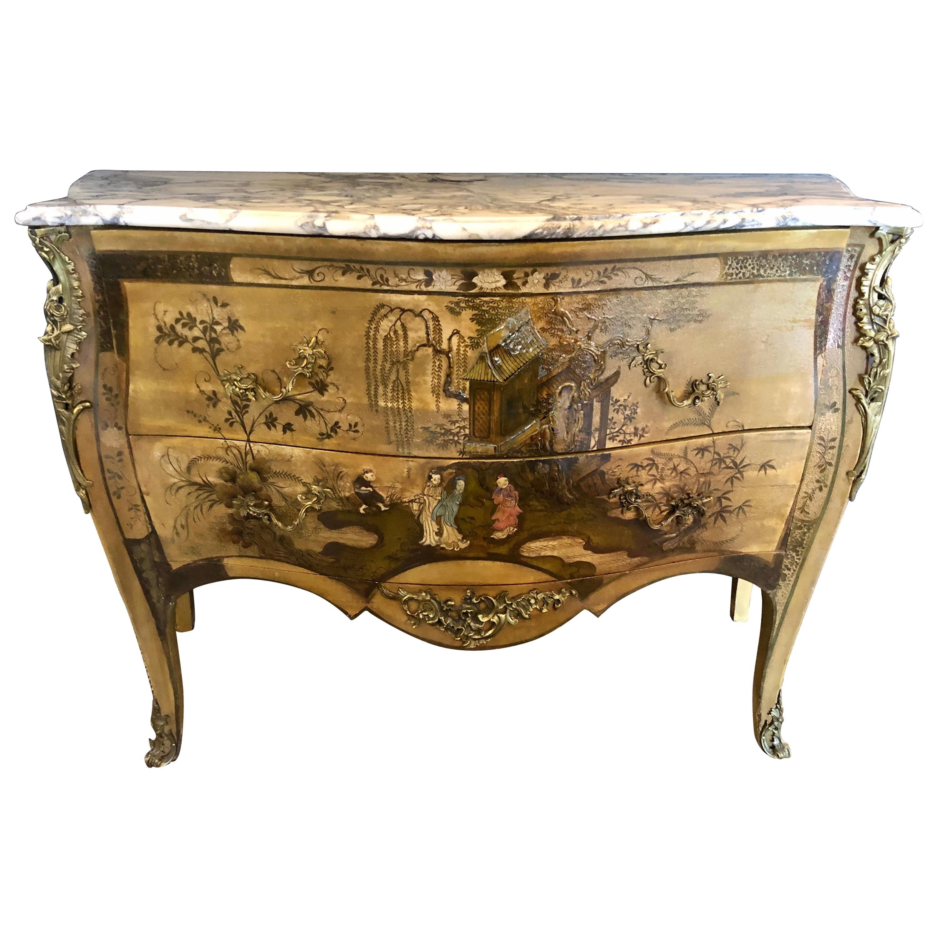 French Louis XV Chinoiserie Commode with a Bombe Shape and Marble Top 