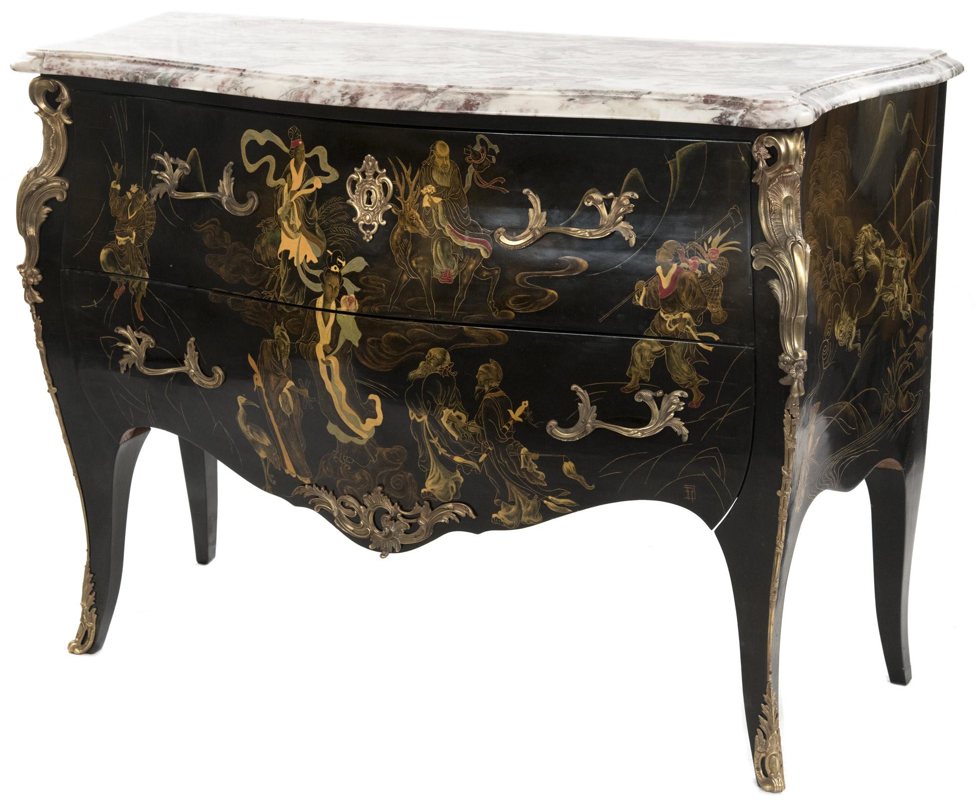 A French Louis XV style commode of bombe form with a lacquered black body decorated with chinoiserie designs on three sides depicting deities, the two drawers mounted with finely chased ormolu pulls and escutcheon plate, flanked by canted corners