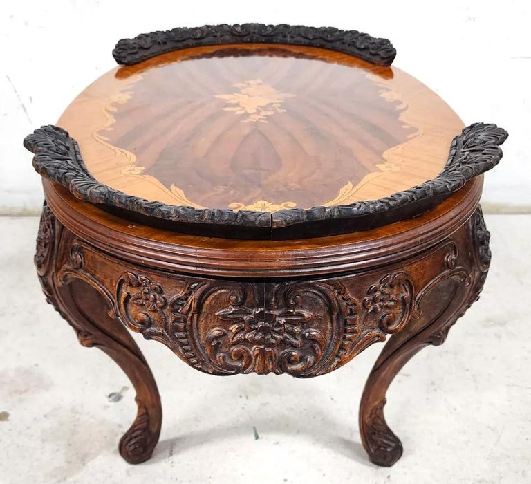 Table Basse Ronde Louis XV – Bois Marqueterie – Style Vintage – H60 L61 Cm