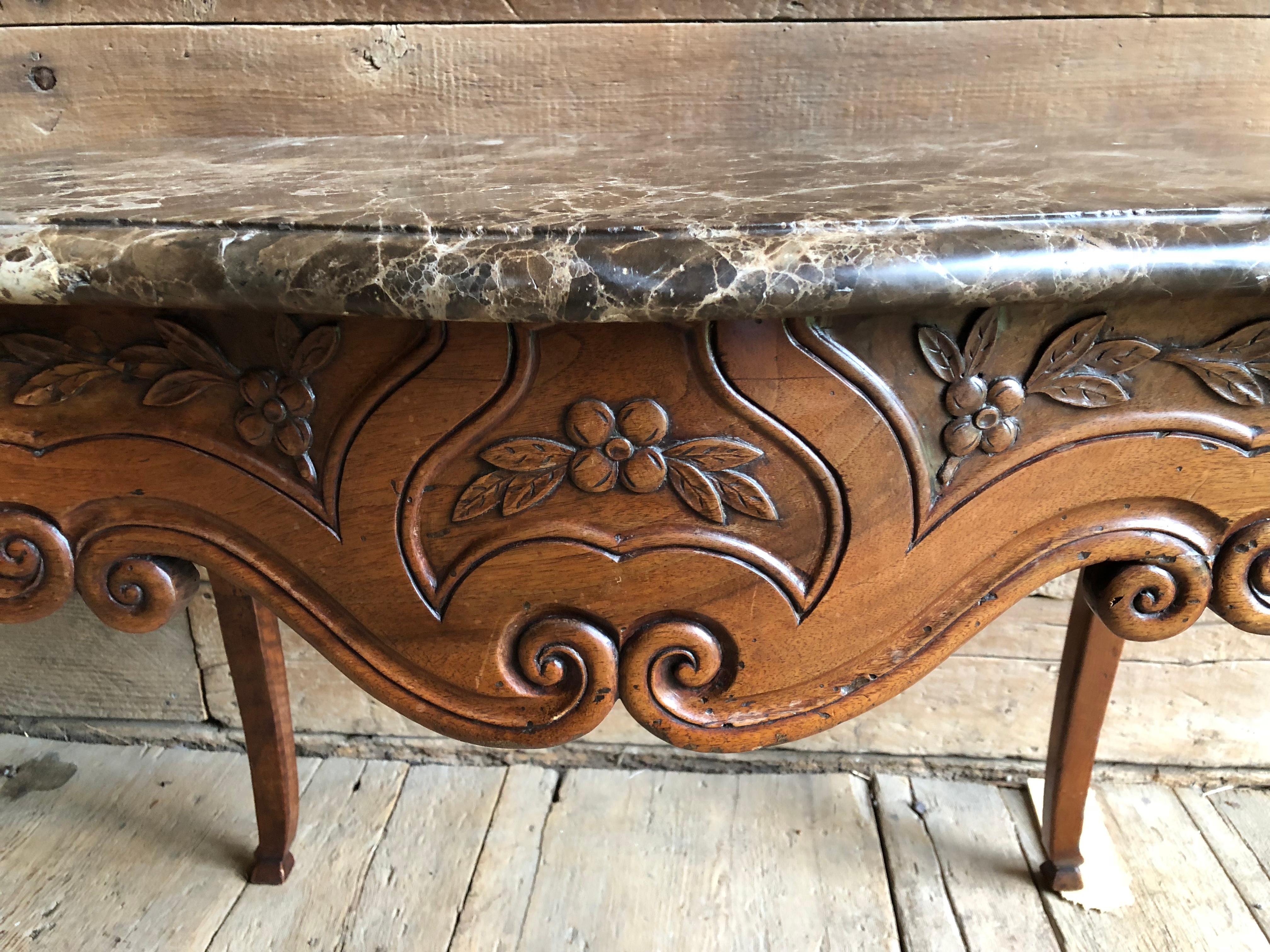 Walnut French Louis XV Console Table, Marble Top, 18th Century