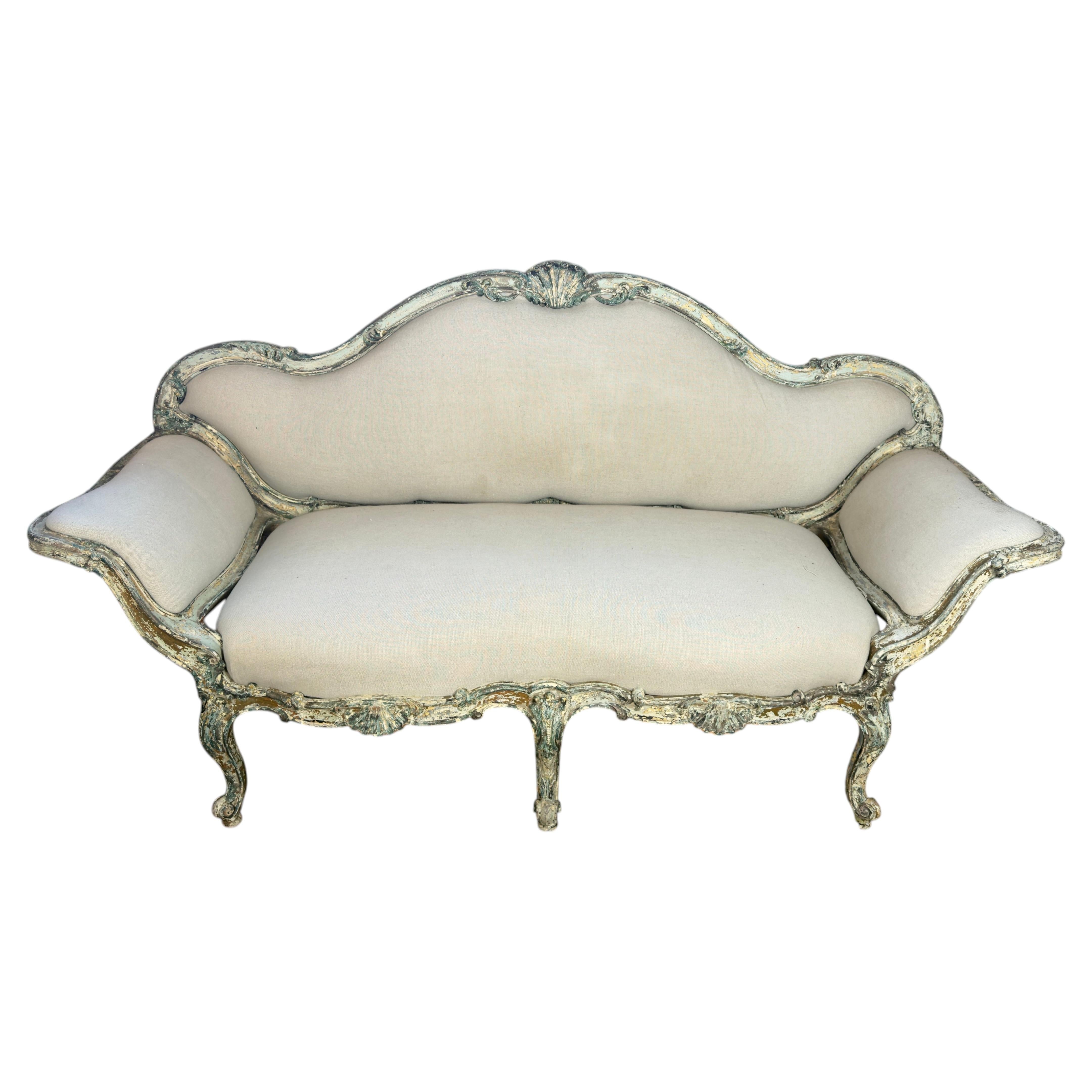 French Louis XV Corbeille Settee with Original Distressed Patina and Shell Crest For Sale