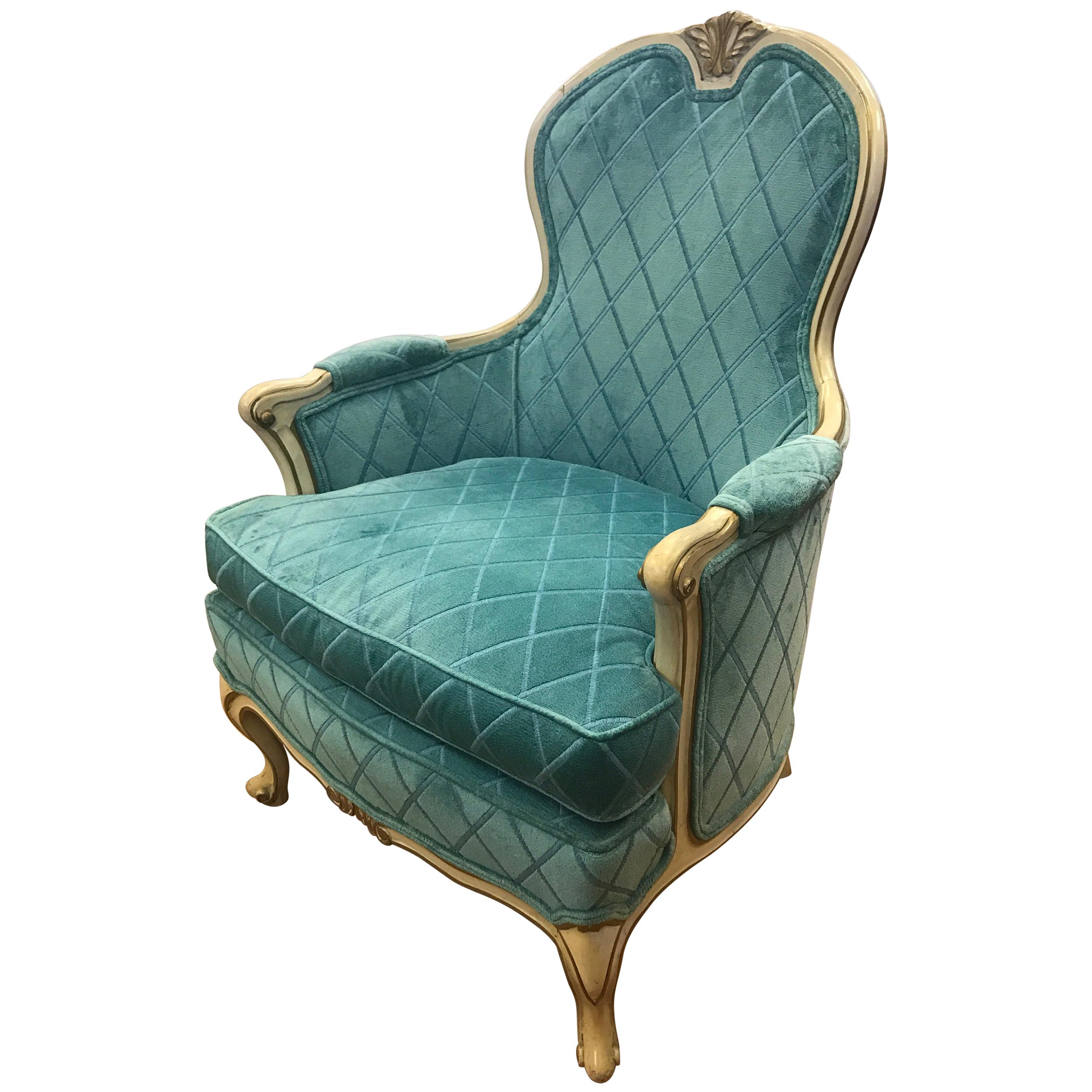 French Louis XV Cream Painted Carved Turquoise Bergère Armchair Chair