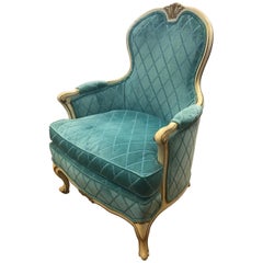 French Louis XV Cream Painted Carved Turquoise Bergère Armchair Chair