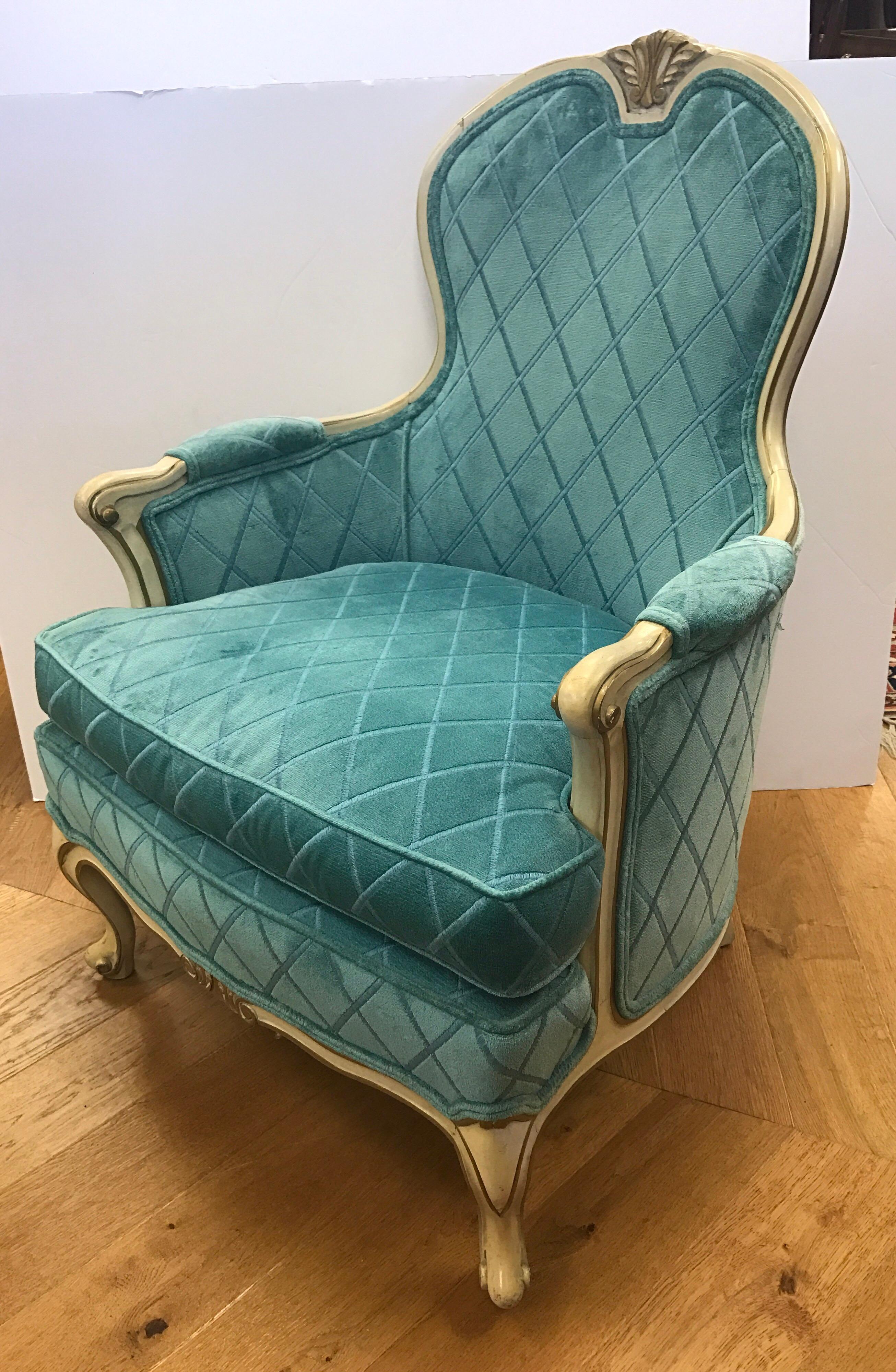 Stunning Louis XV bergere armchairs with a wonderful turquoise fabric. All dimensions are below and seat height is 18 inches.