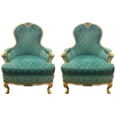 French Louis XV Cream Painted Carved Turquoise Bergere Armchairs