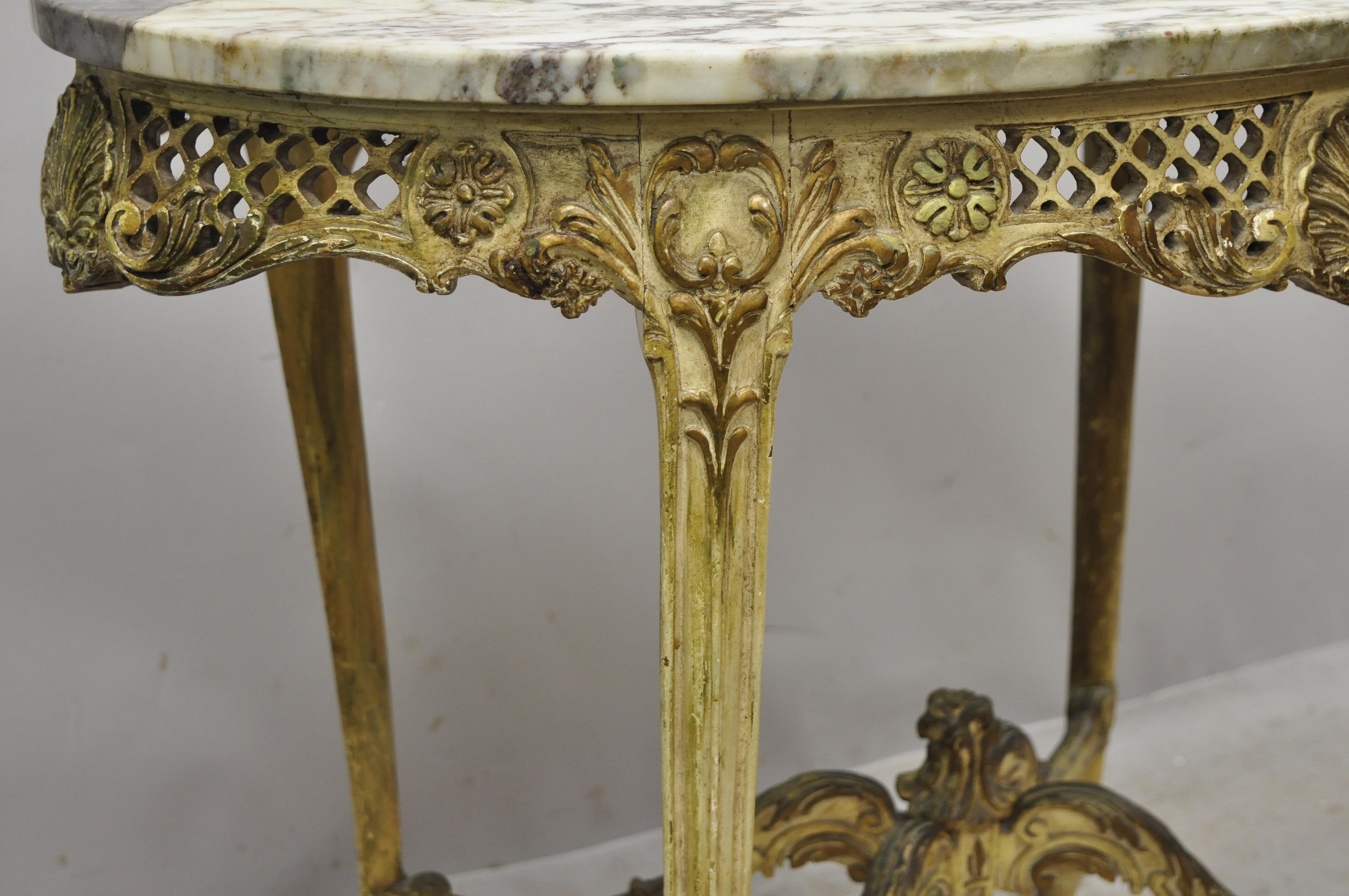 French Louis XV Distress Painted Oval Marble-Top Pierce Carved Accent Table 6
