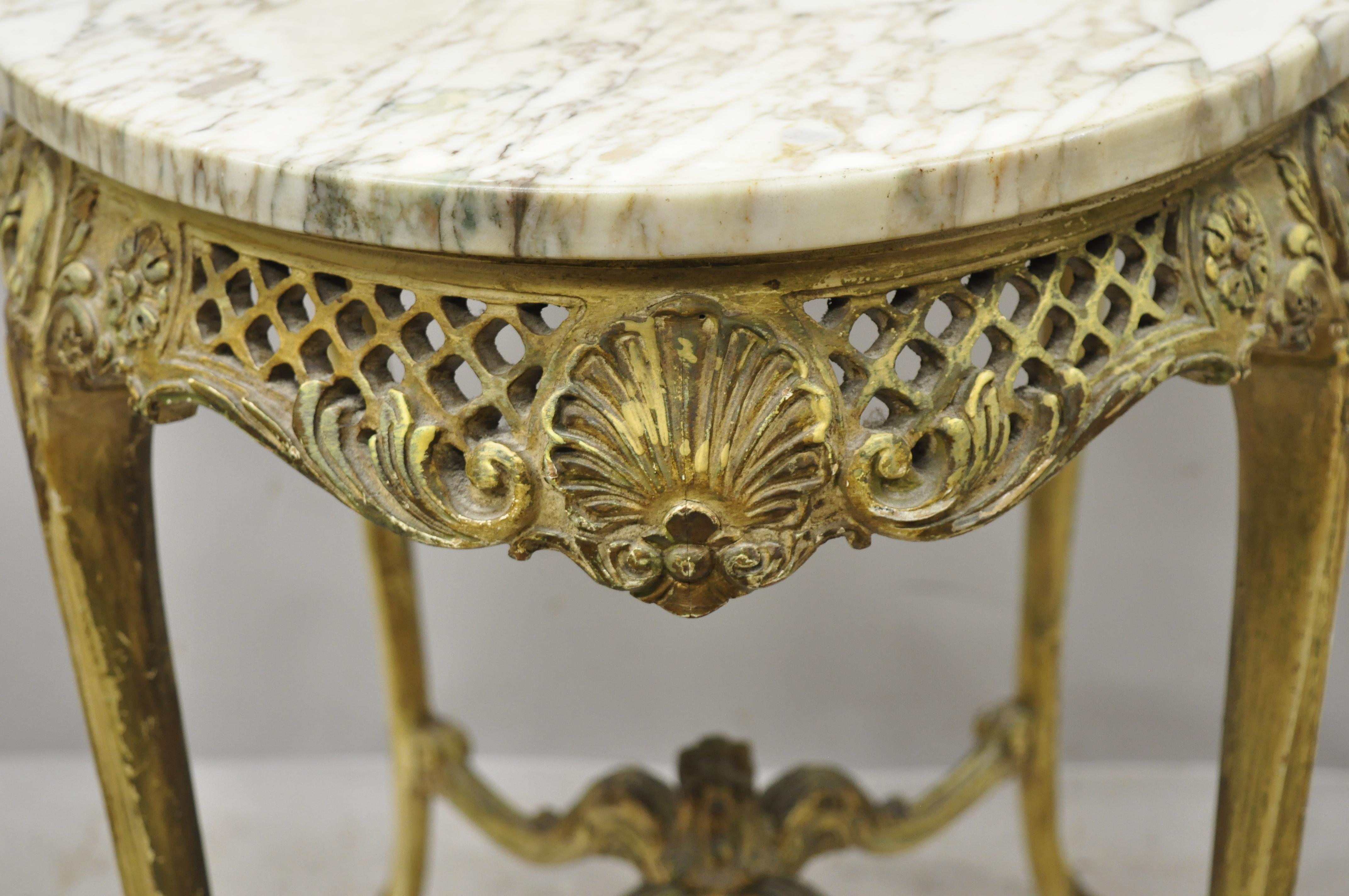 20th Century French Louis XV Distress Painted Oval Marble-Top Pierce Carved Accent Table