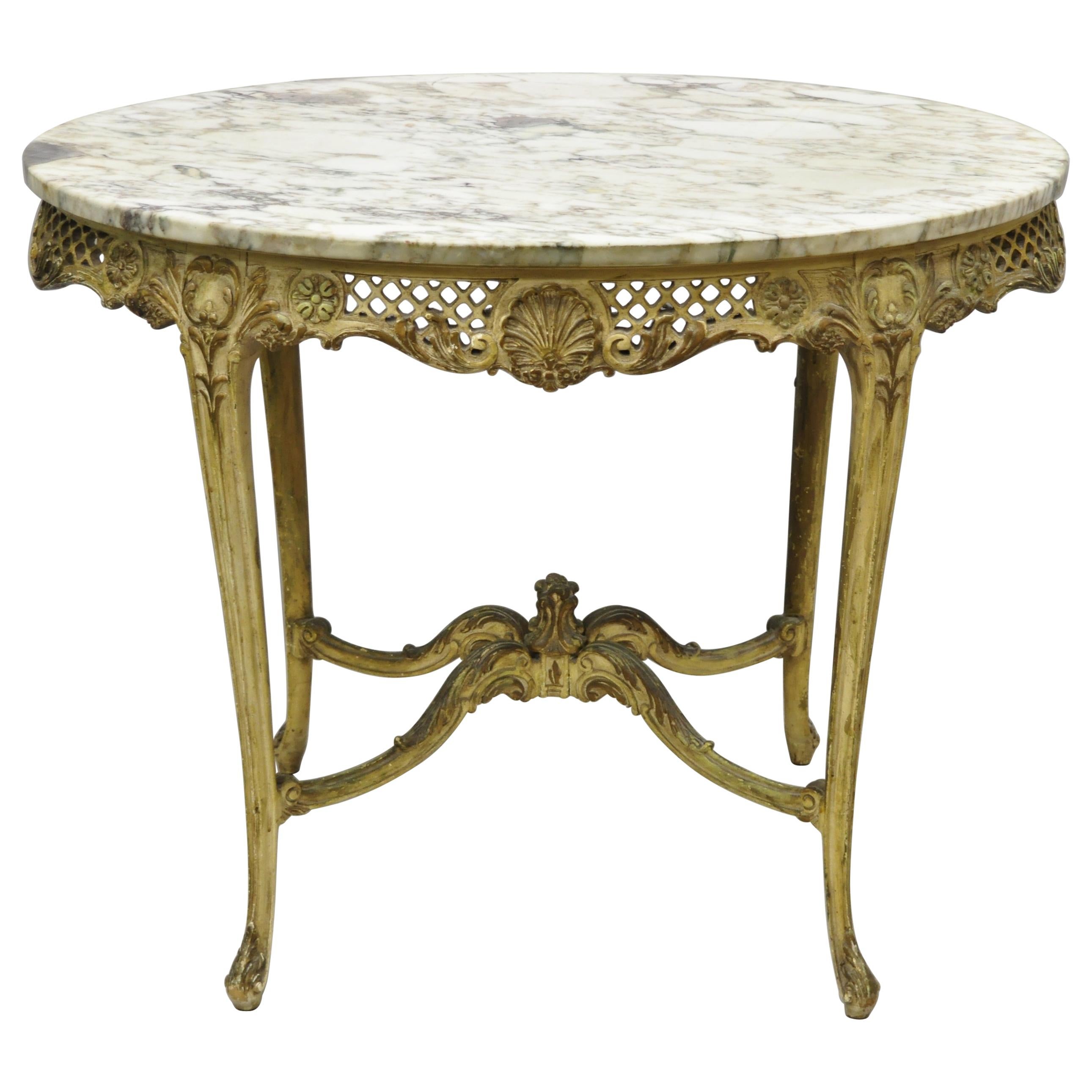 French Louis XV Distress Painted Oval Marble-Top Pierce Carved Accent Table
