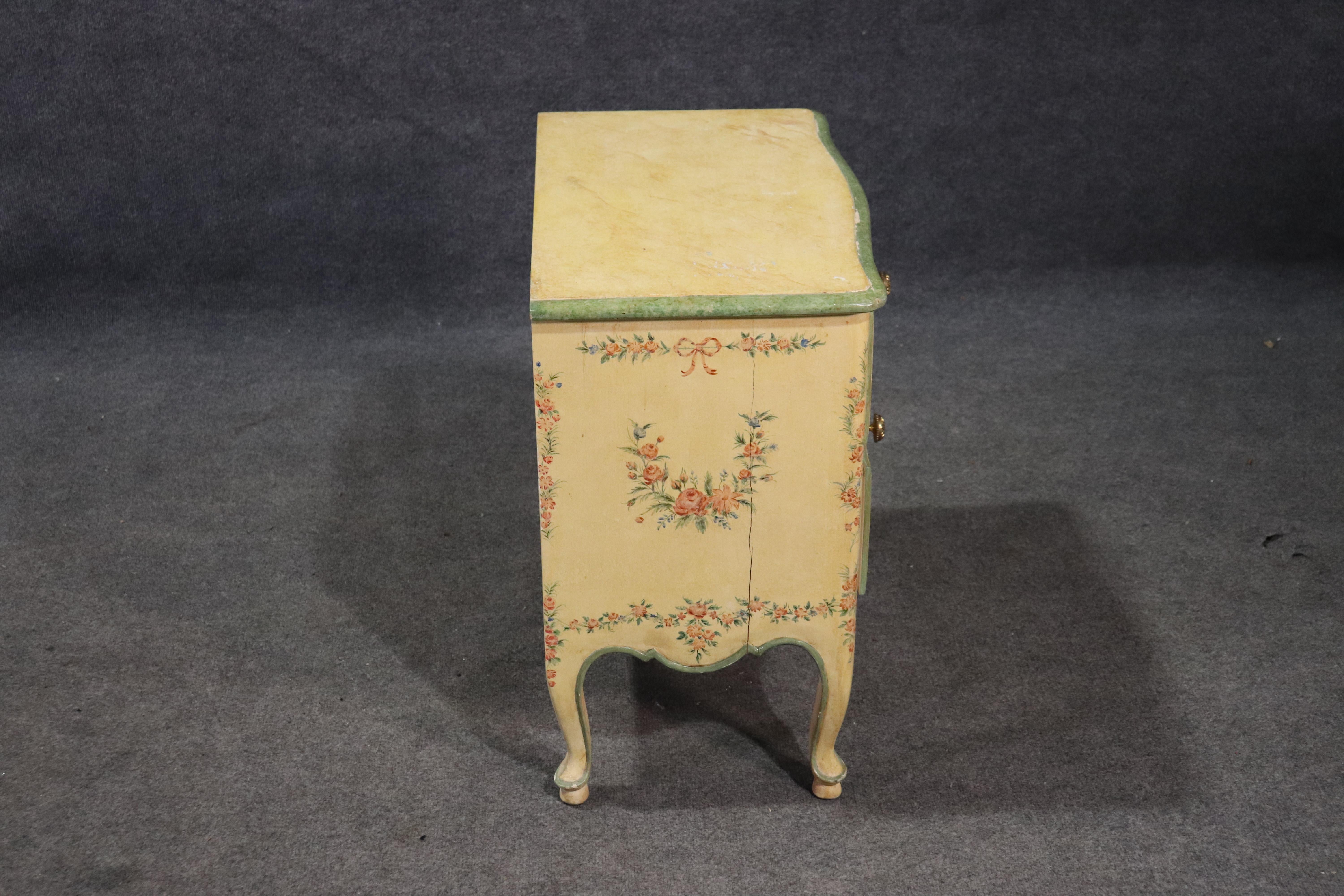 Walnut French Louis XV Floral Paint Decorated Nightstand Commode, circa 1940