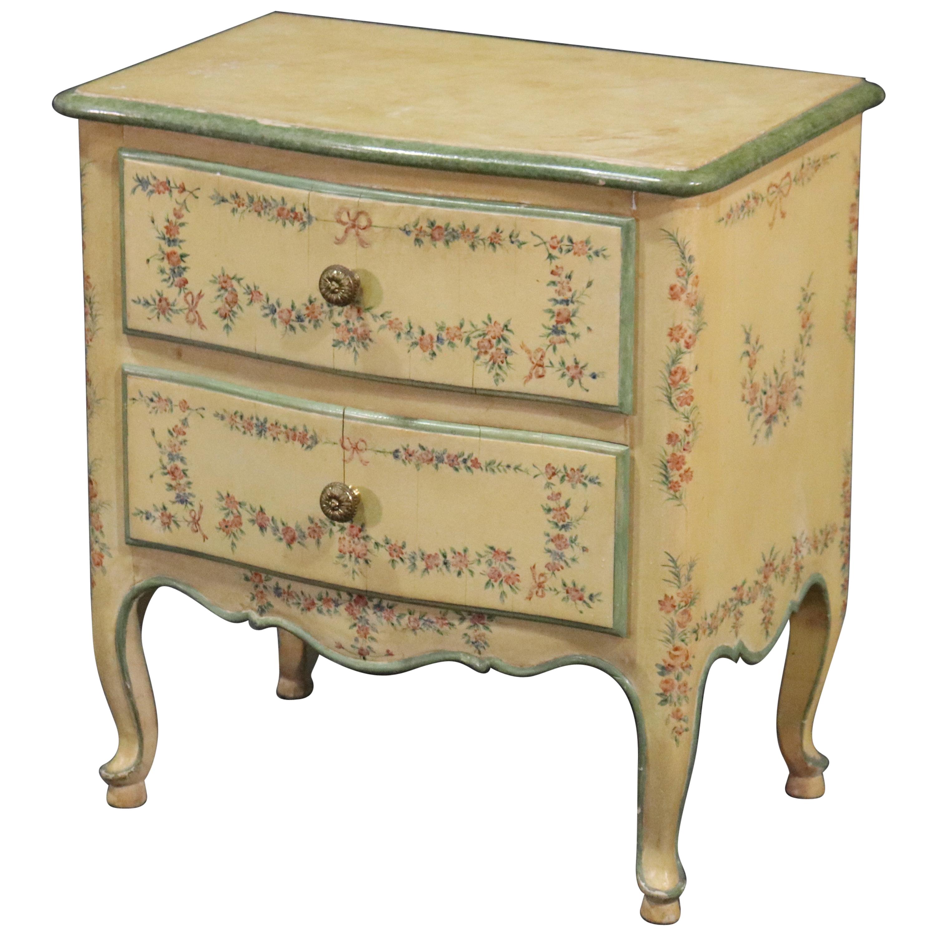 French Louis XV Floral Paint Decorated Nightstand Commode, circa 1940