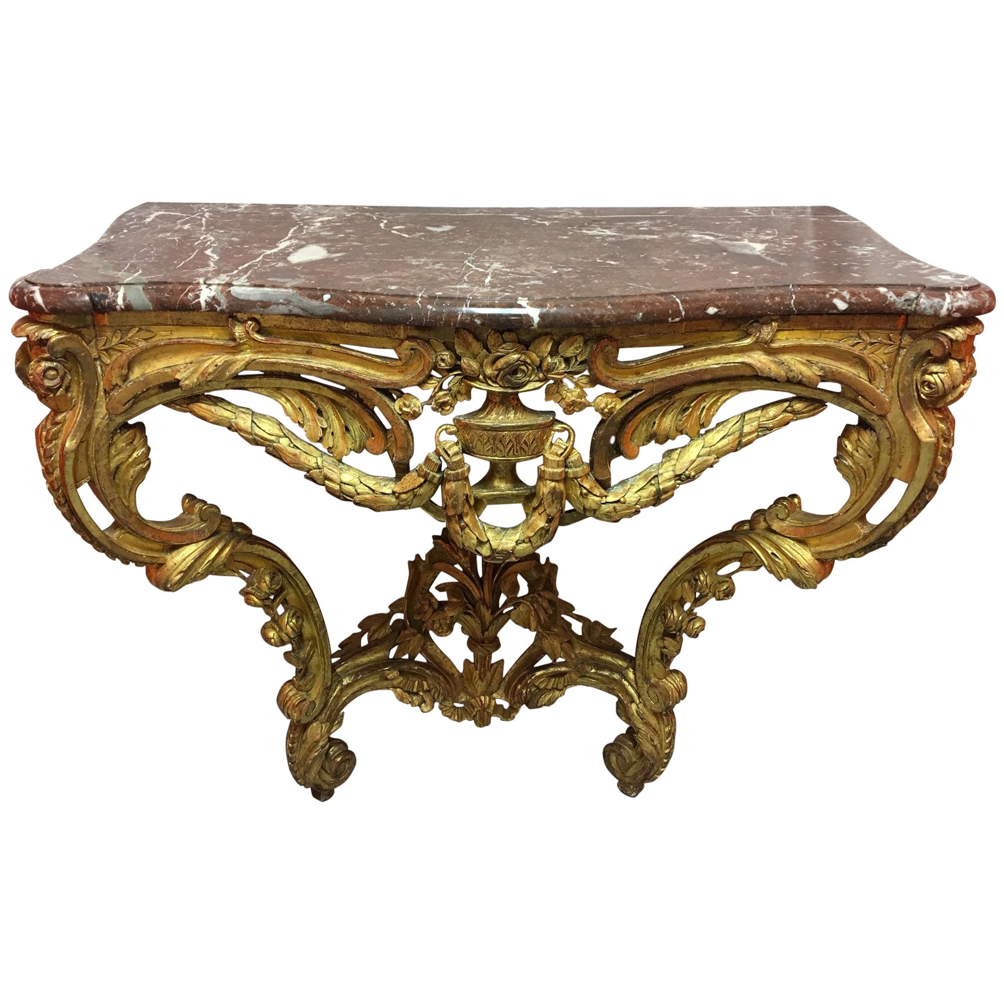 French Louis XV Gilded Carved Wood Console with a Marble Top, 19th Century