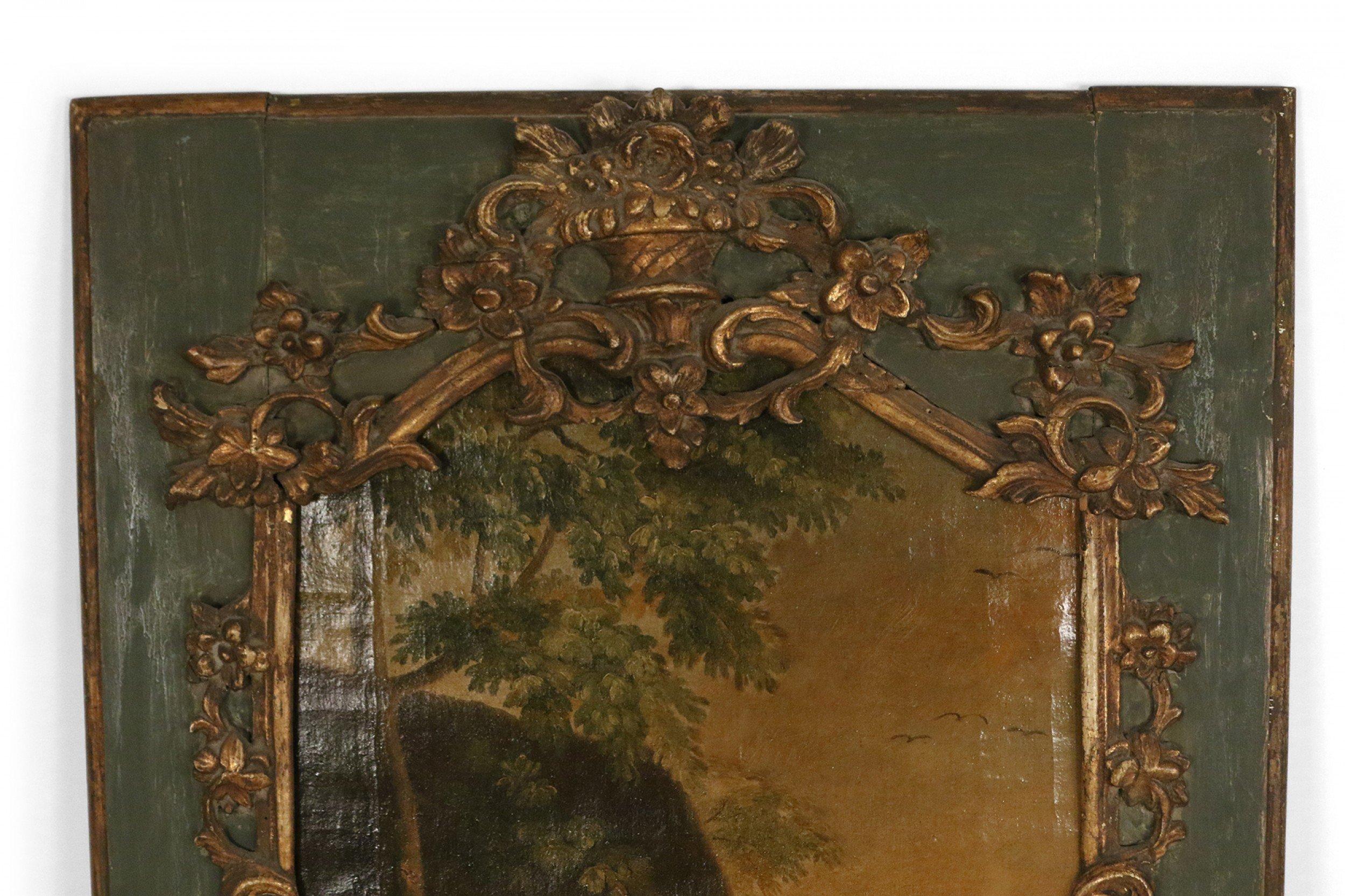 Français Miroir mural Trumeau français de style Louis XV en bois doré et vert représentant une scène pastorale en vente