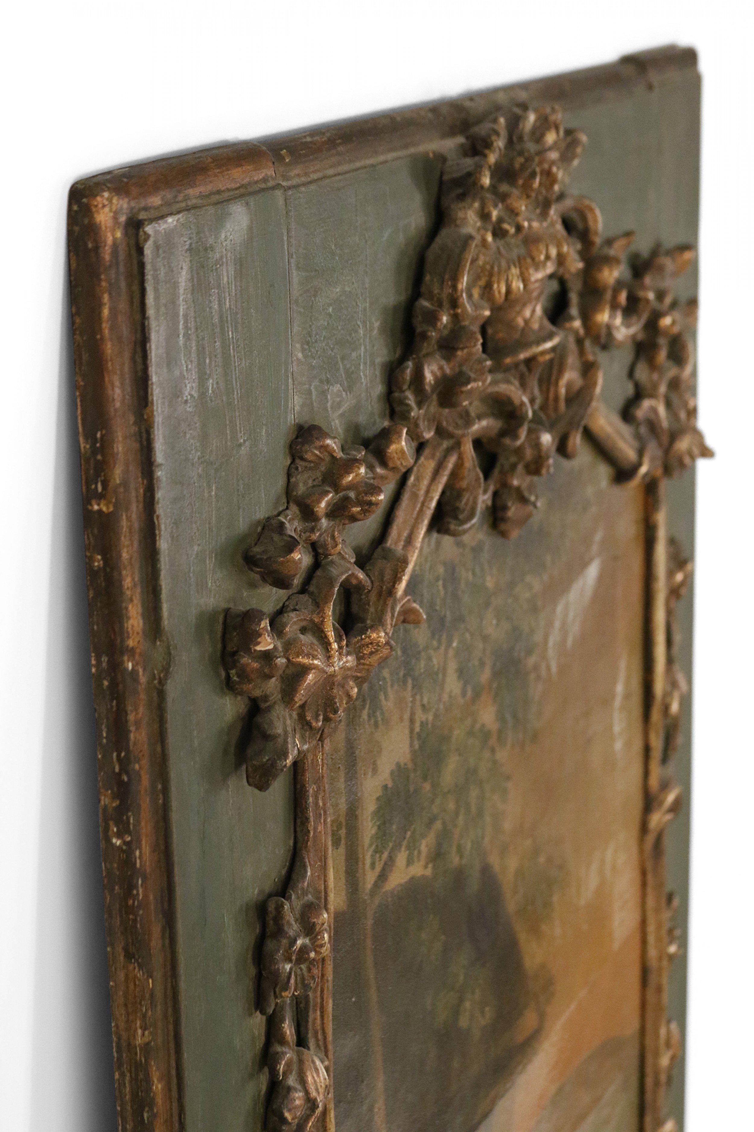 French Louis XV Gilt and Green Wood Pastoral Scene Trumeau Wall Mirror In Good Condition For Sale In New York, NY