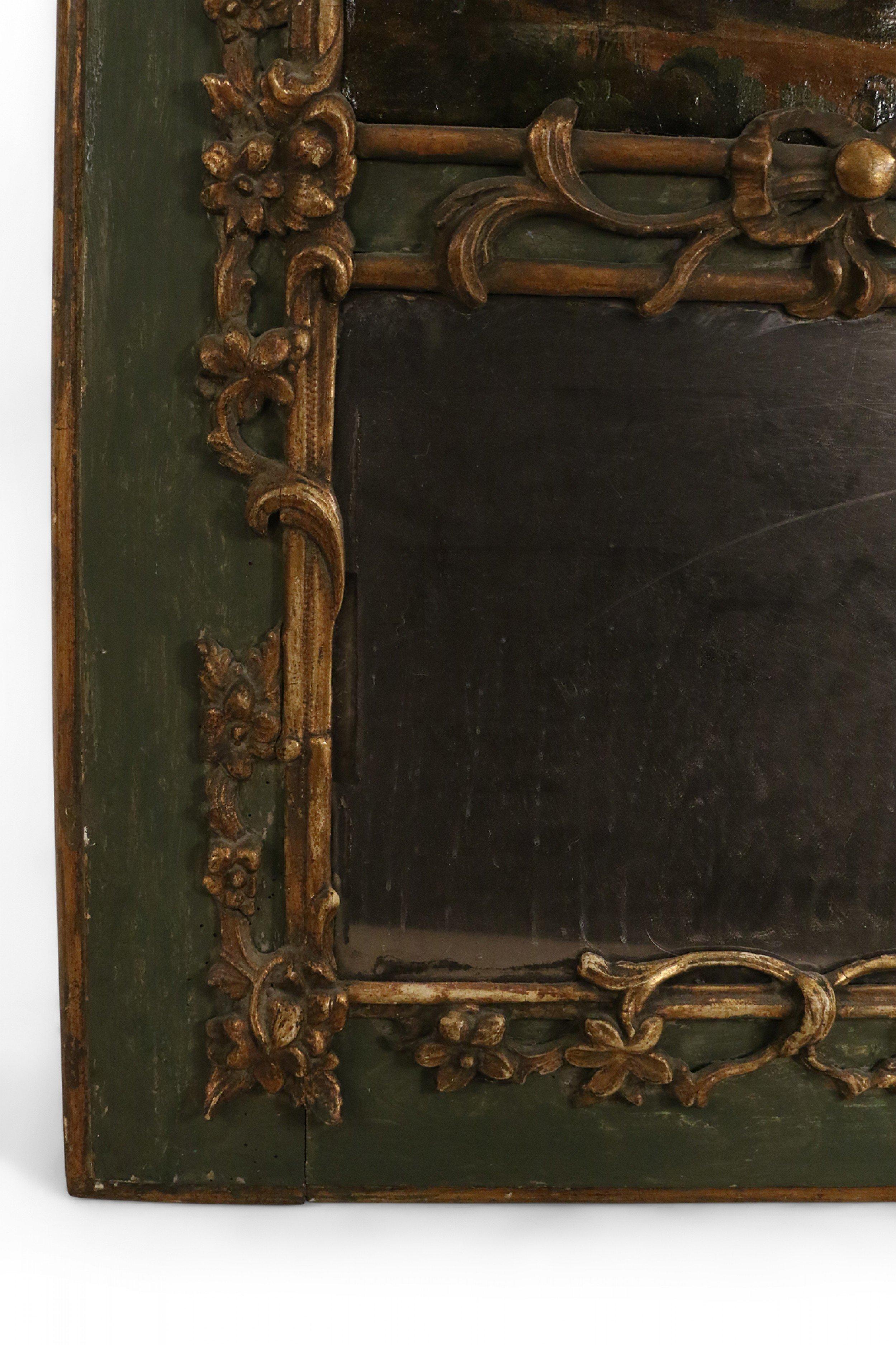 19th Century French Louis XV Gilt and Green Wood Pastoral Scene Trumeau Wall Mirror For Sale