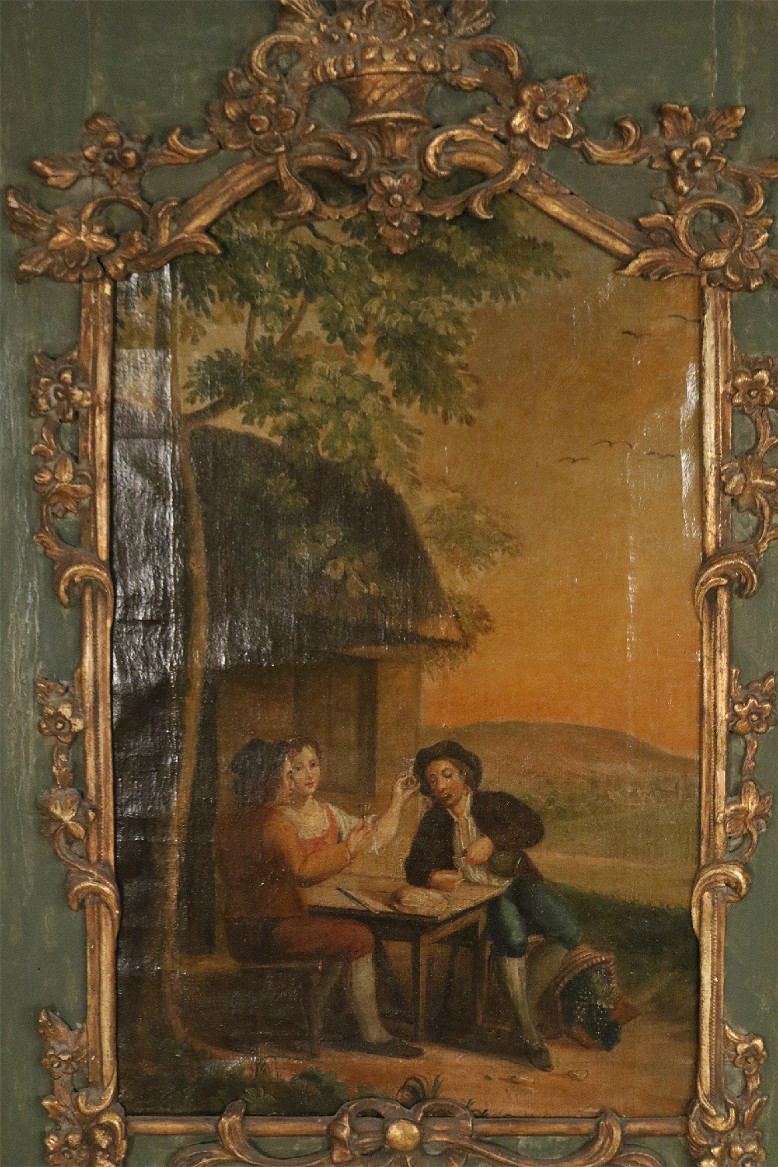 French Louis XV Gilt and Green Wood Pastoral Scene Trumeau Wall Mirror For Sale 4