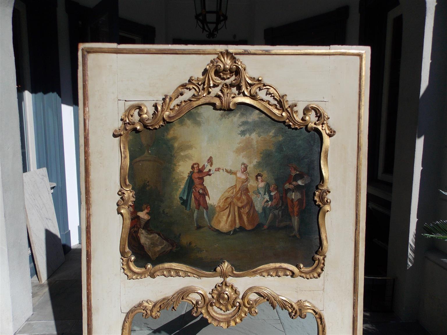 French Louis XV Gilt and Painted Decorative Floral Trumeau Mirror, Circa 1750 In Excellent Condition In Hollywood, SC