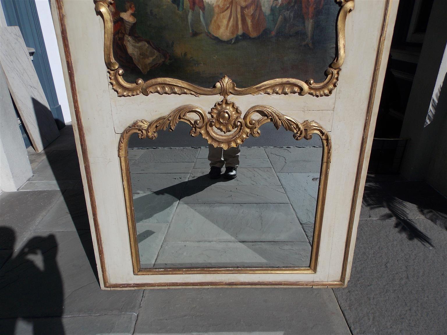 Mid-18th Century French Louis XV Gilt and Painted Decorative Floral Trumeau Mirror, Circa 1750