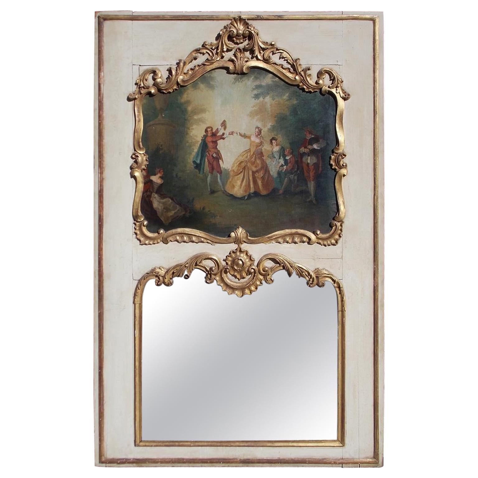 French Louis XV Gilt and Painted Decorative Floral Trumeau Mirror, Circa 1750