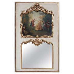 French Louis XV Gilt and Painted Decorative Floral Trumeau Mirror, Circa 1750