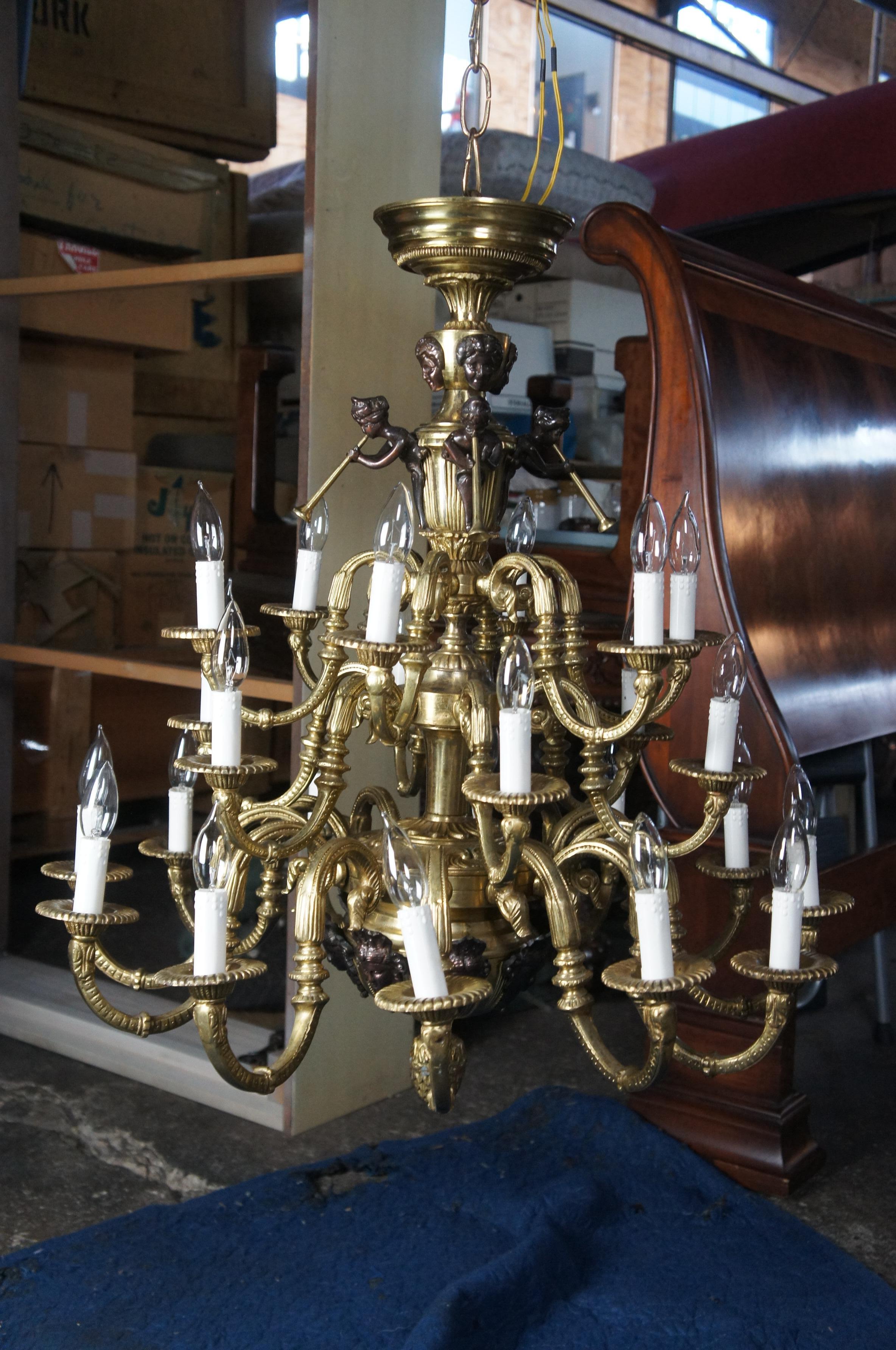 20th Century French Louis XV Gilt Bronze Cherub Angel Trumpet 24 Arm Chandelier 33