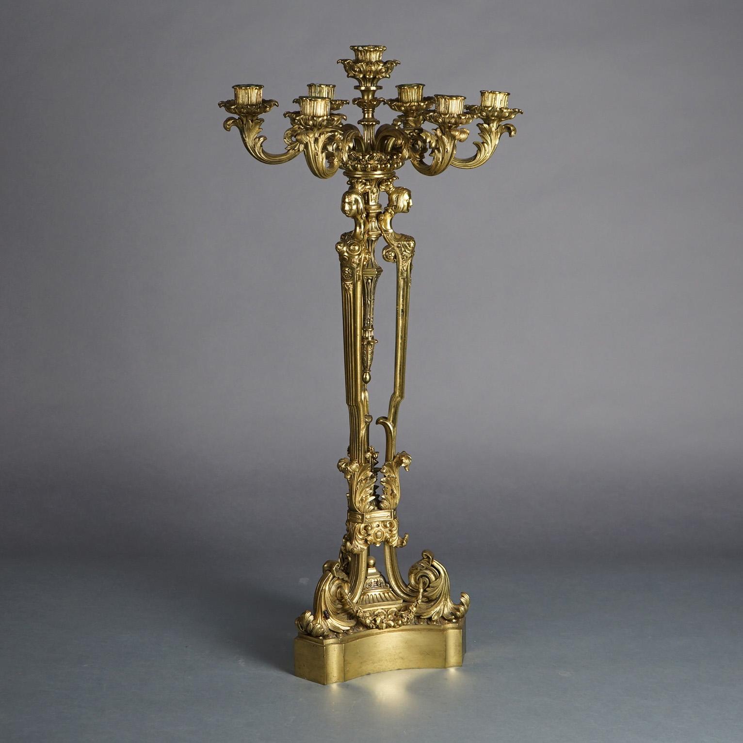 Französisch Louis XV Vergoldete Bronze Figural Karyatide & Foliate 7-Light Kandelaber C1870 im Angebot 1