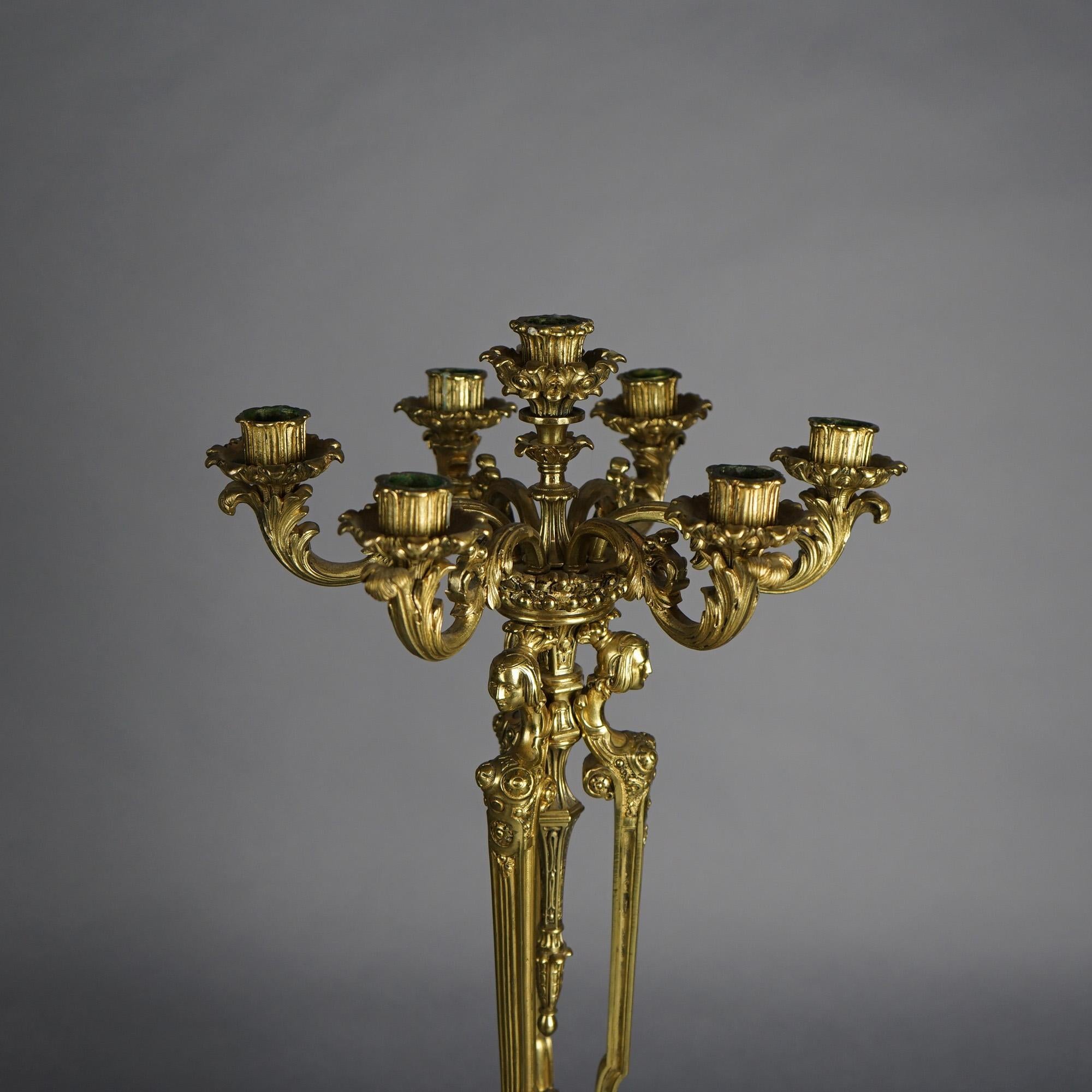 Französisch Louis XV Vergoldete Bronze Figural Karyatide & Foliate 7-Light Kandelaber C1870 im Angebot 2