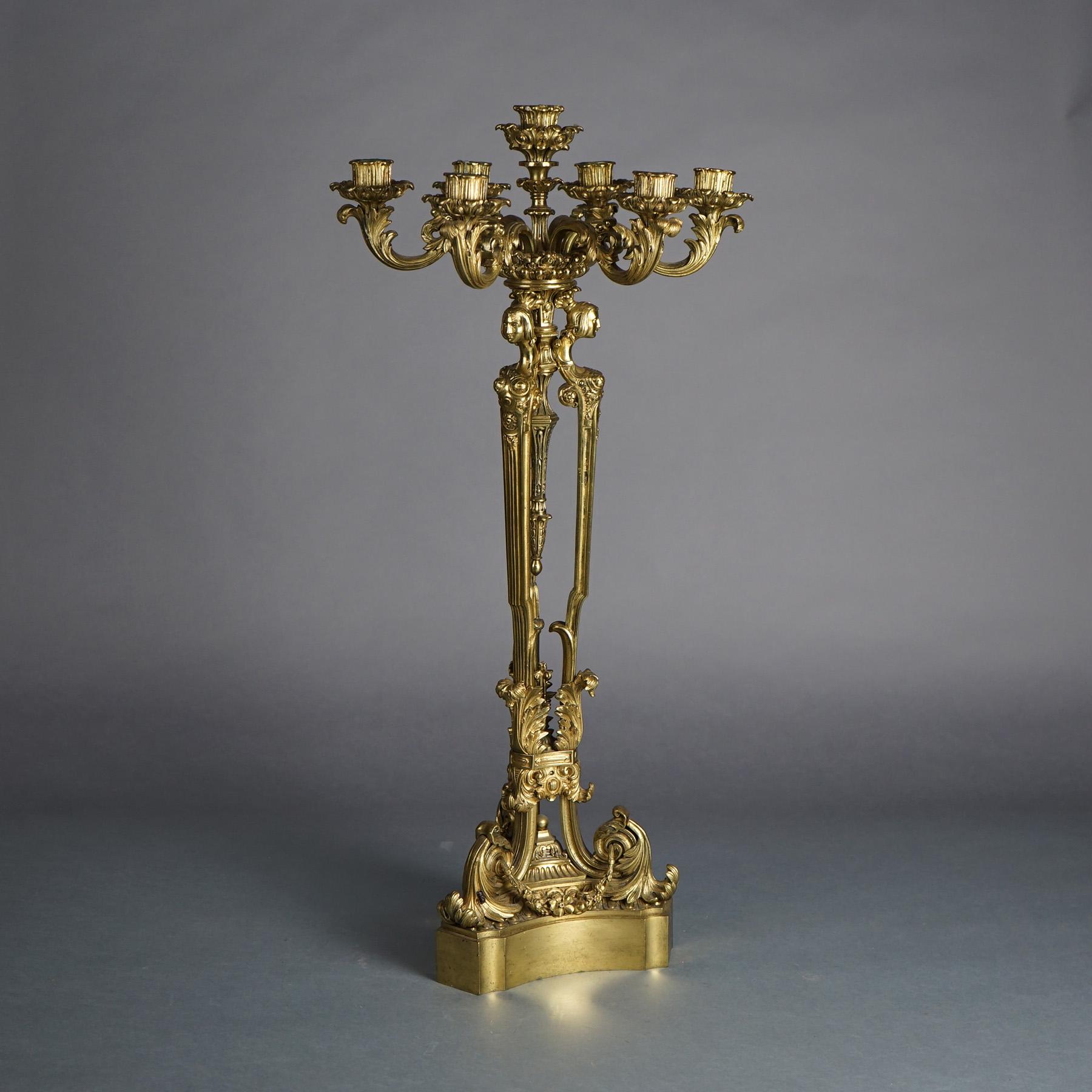 French Louis XV Gilt Bronze Figural Caryatid & Foliate 7-Light Candelabra C1870 For Sale 5