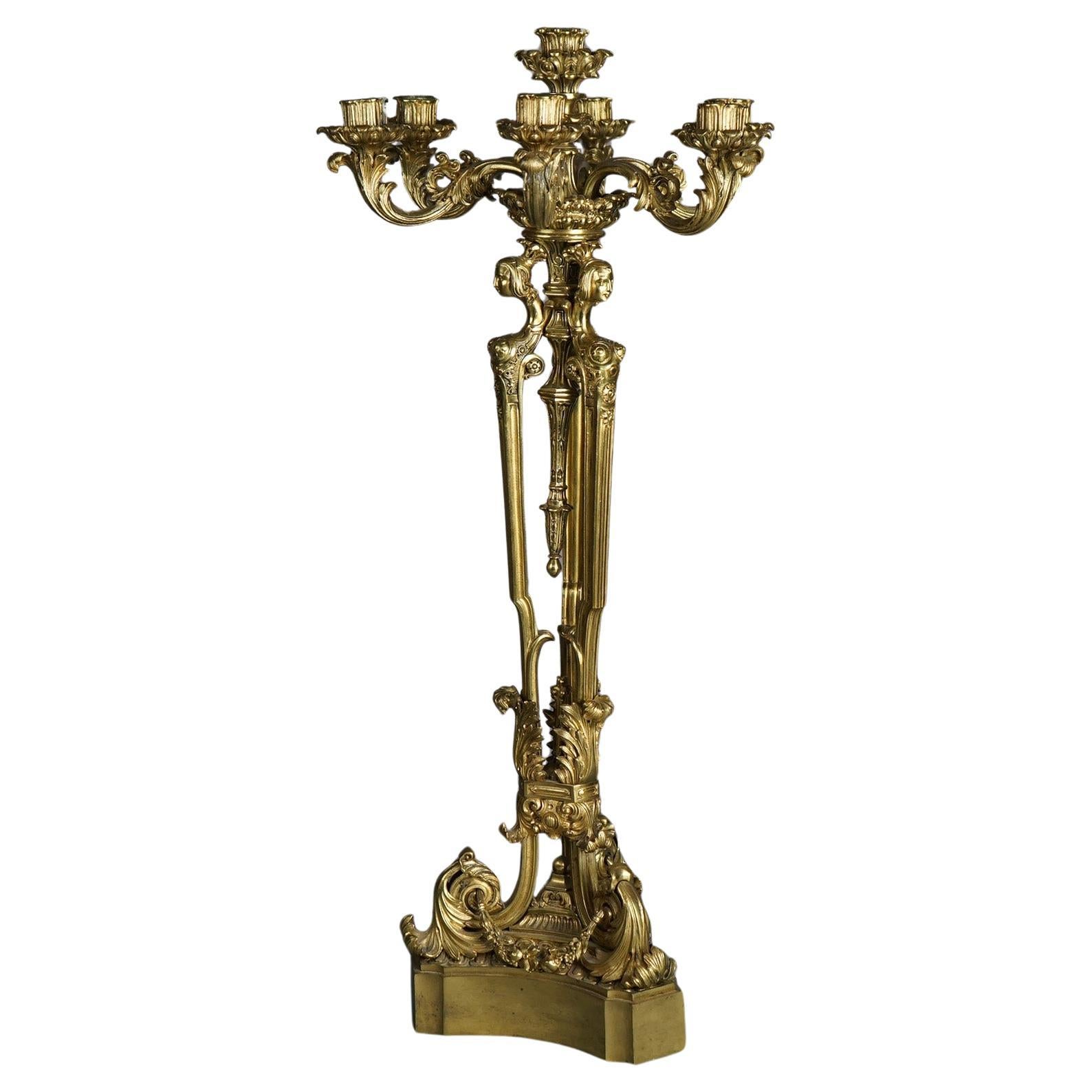 Französisch Louis XV Vergoldete Bronze Figural Karyatide & Foliate 7-Light Kandelaber C1870 im Angebot