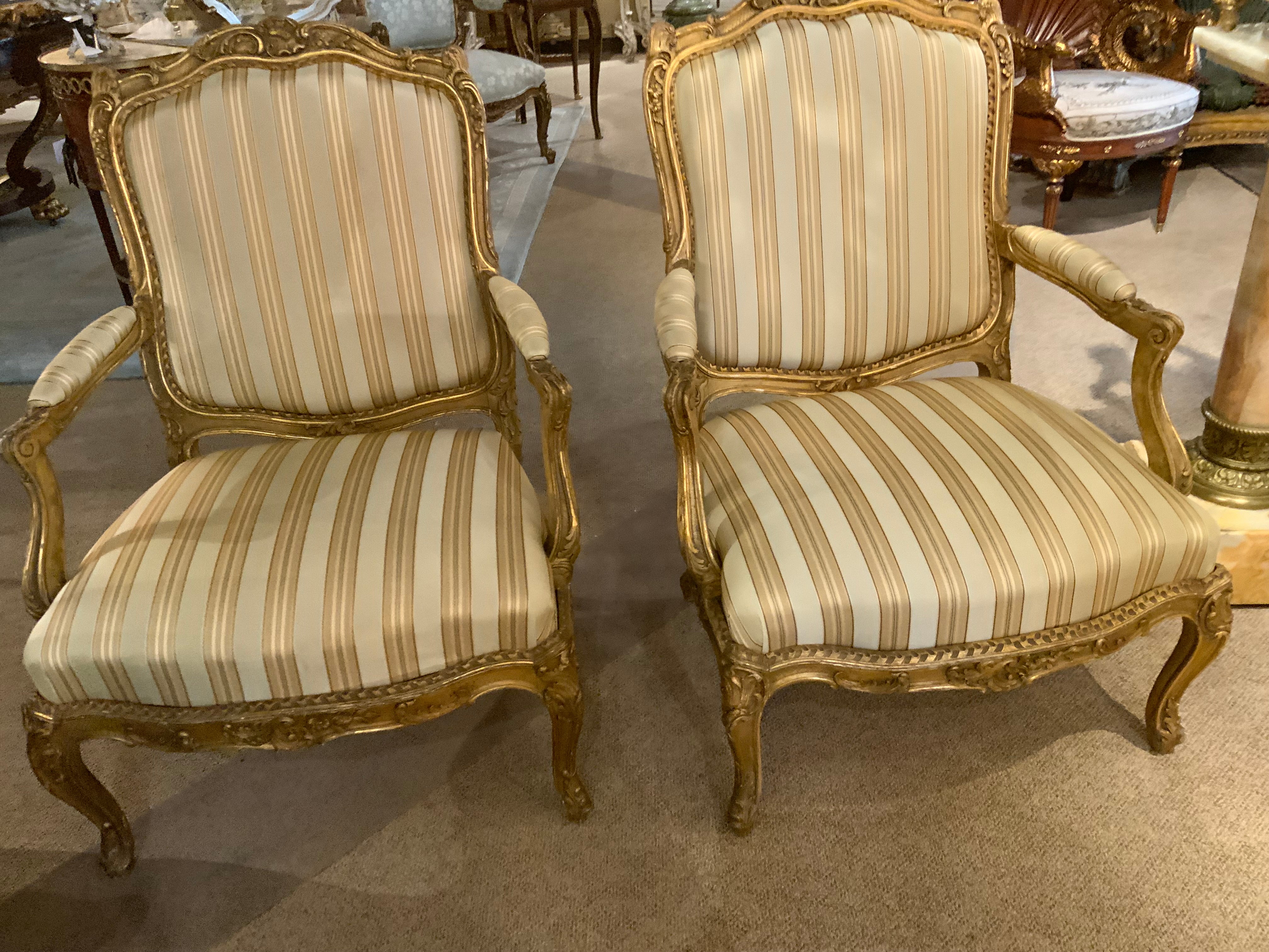 These fine giltwood chairs are exceptional in quality with excellent 
Carving, proportions and gilding. They are original and very sturdy.
The joints are all tight and well constructed. The gilding is original 
And in great condition. They are