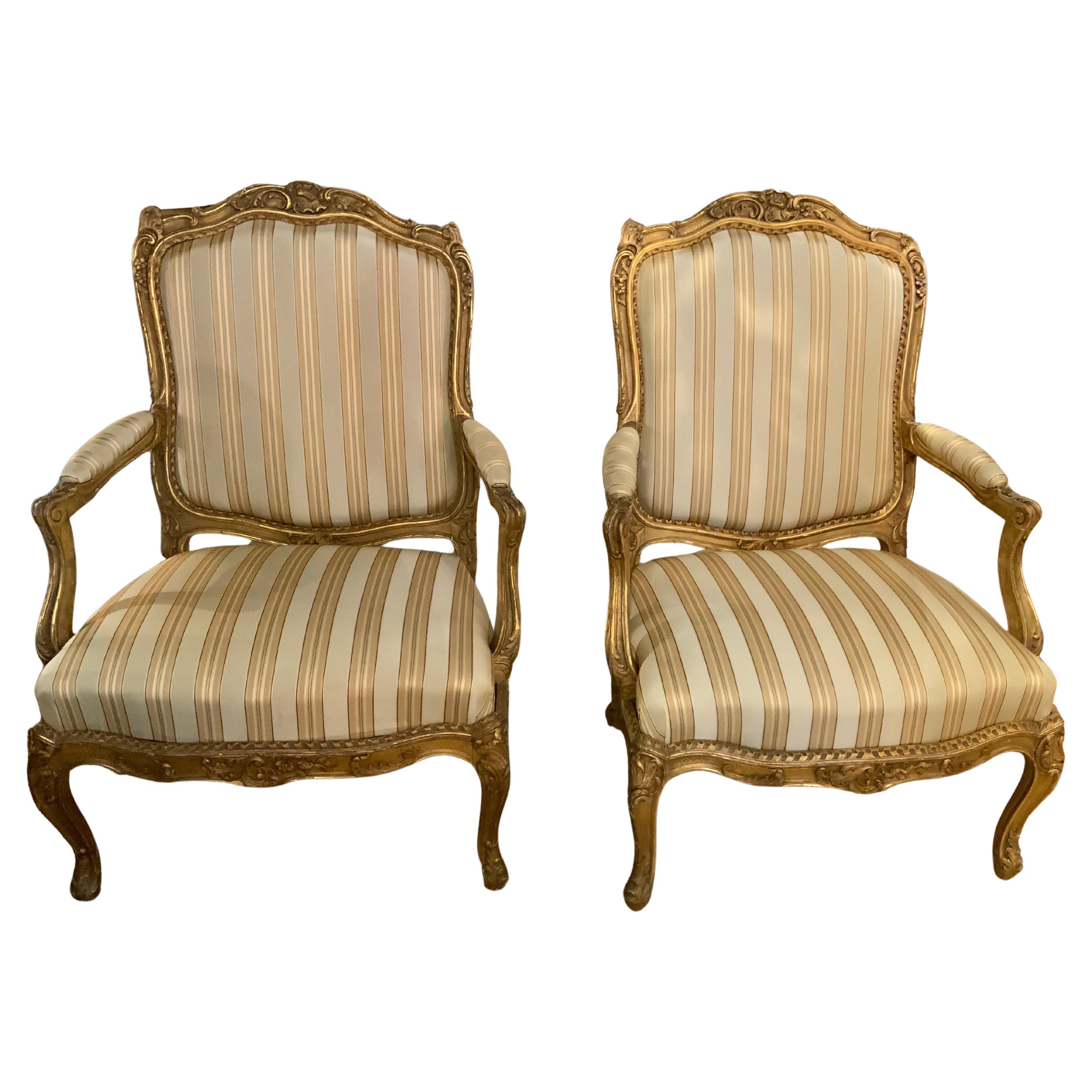 French  louis XV  giltwood arm chairs, 19 th century