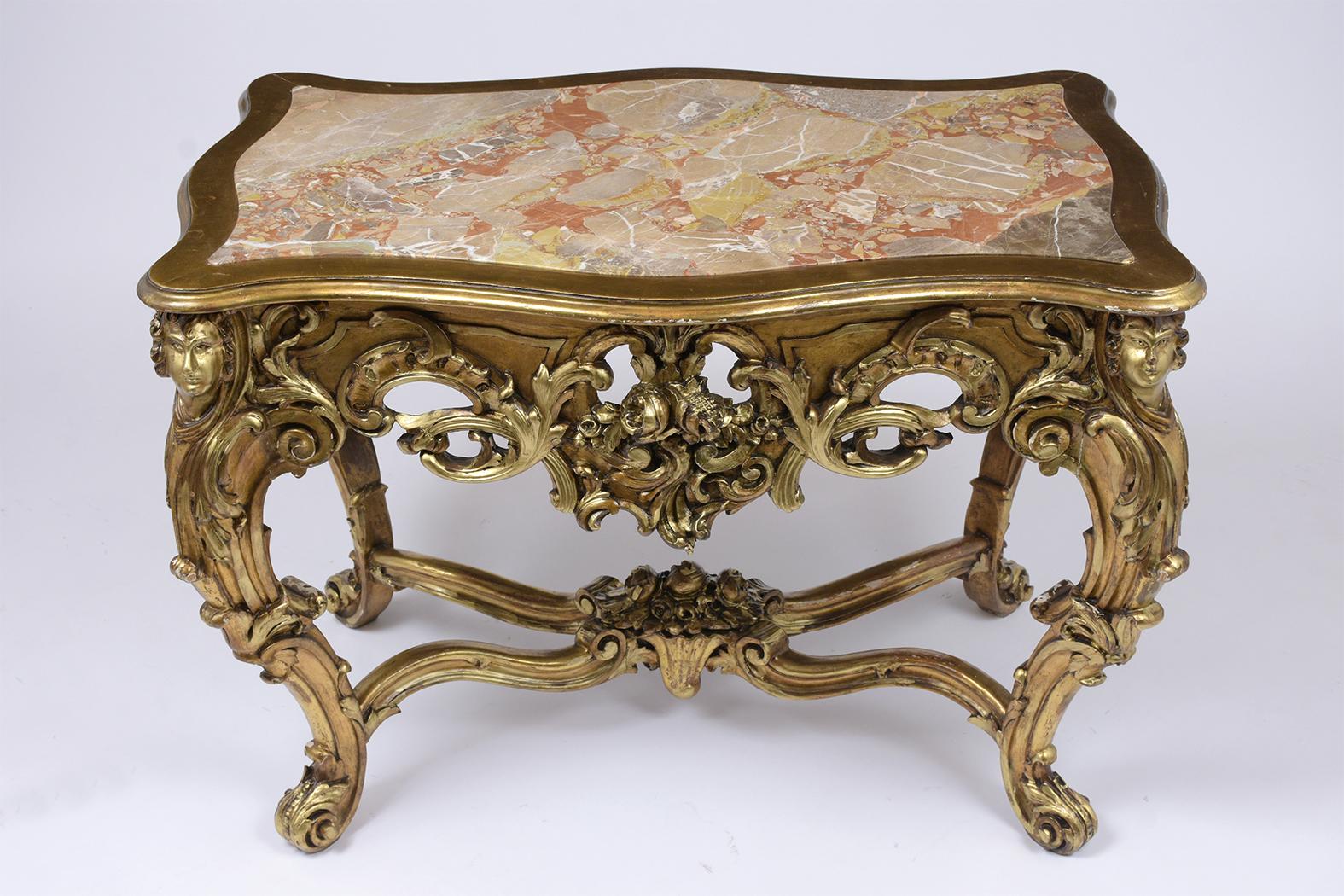 French Louis XV Giltwood Carved Center Table with Marble Top In Good Condition In Los Angeles, CA