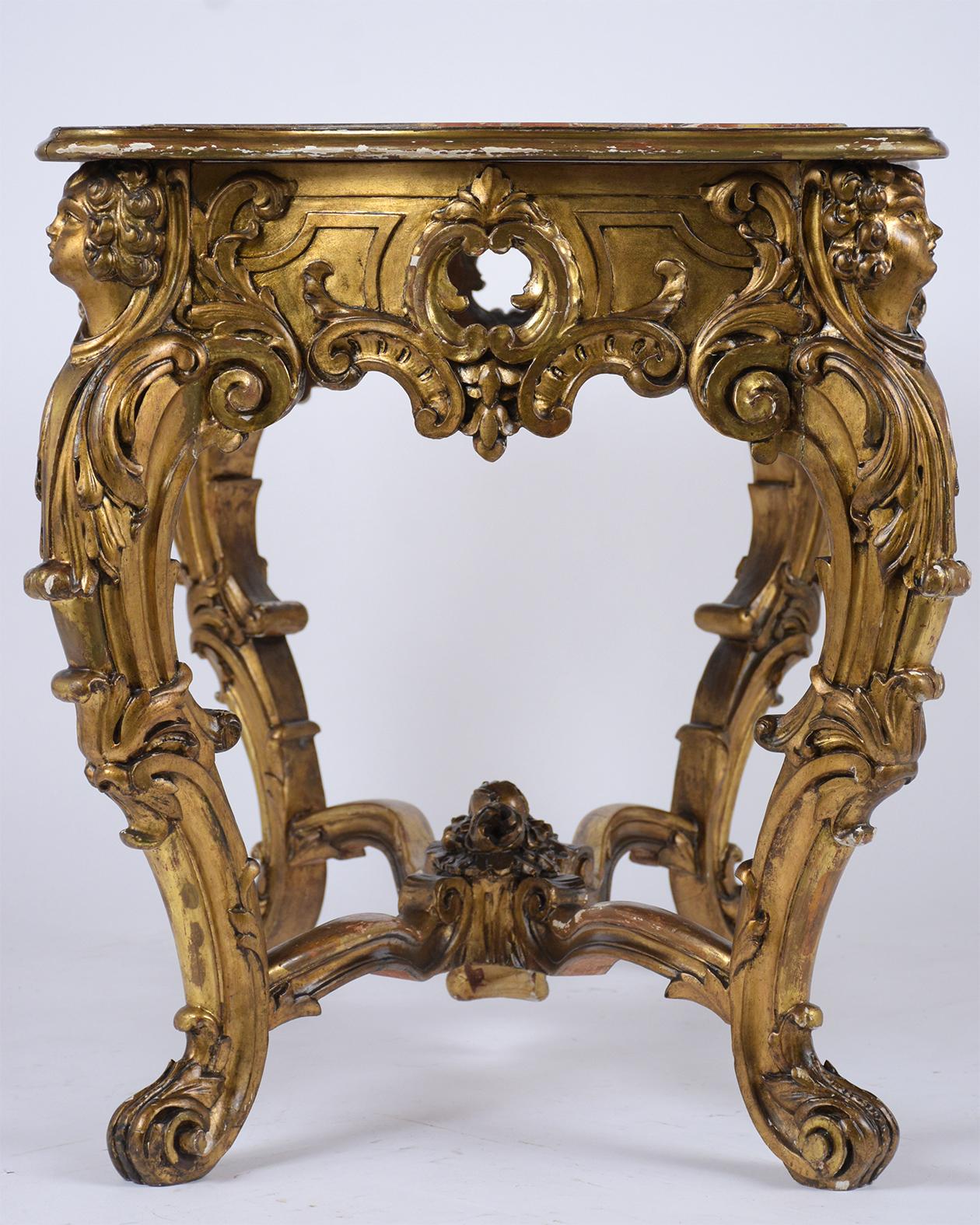 French Louis XV Giltwood Carved Center Table with Marble Top 1