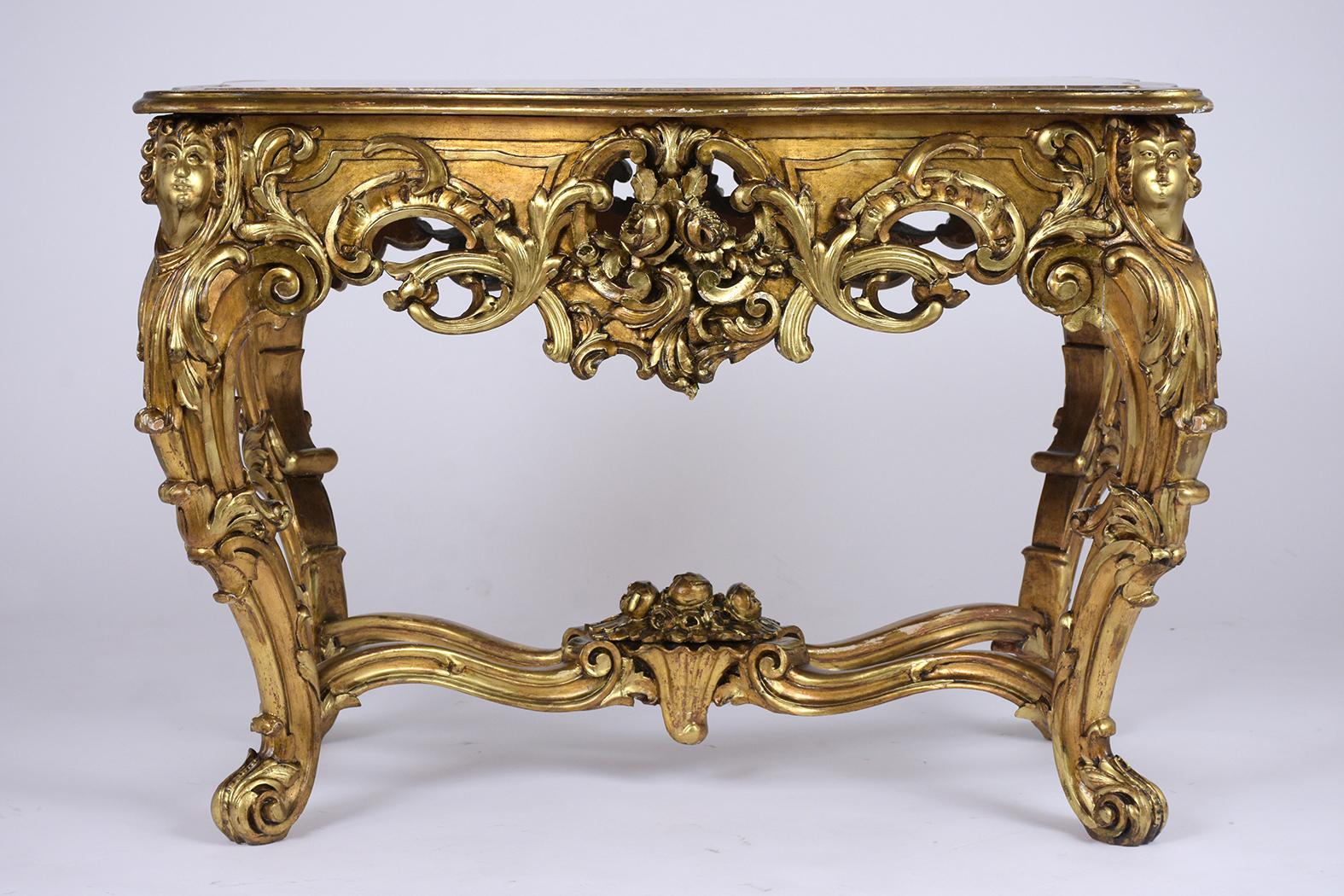 French Louis XV Giltwood Carved Center Table with Marble Top 3